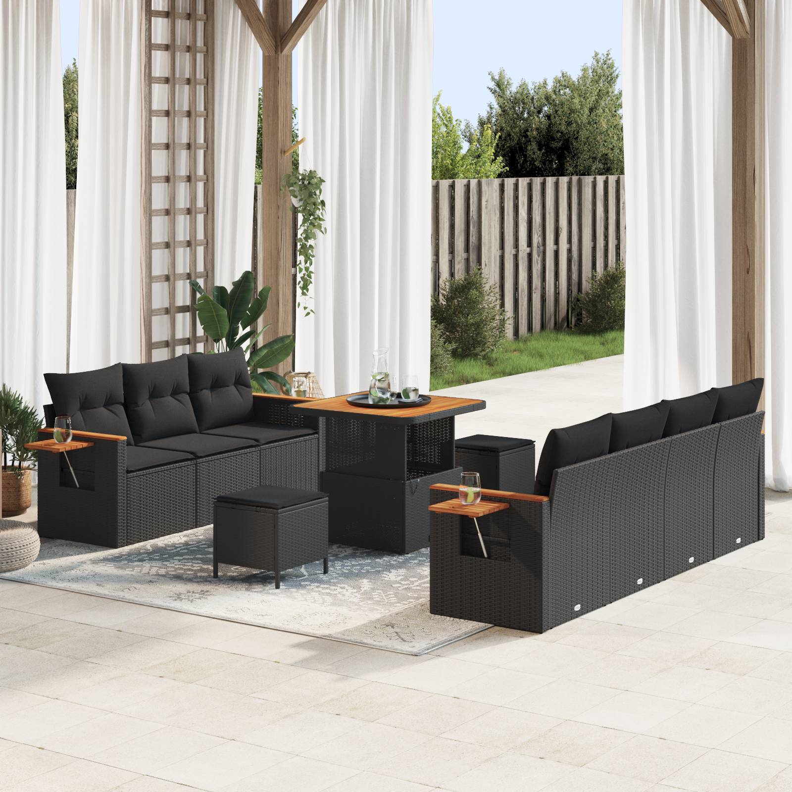 vidaXL 10-teiliges Garten Sofa Set mit Kissen Schwarz Poly Rattan