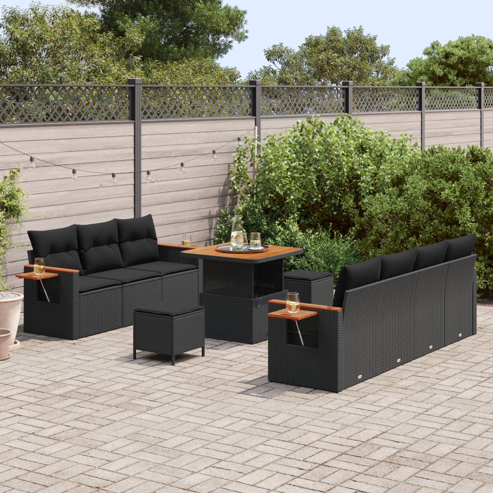 vidaXL 10-teiliges Garten Sofa Set mit Kissen Schwarz Poly Rattan