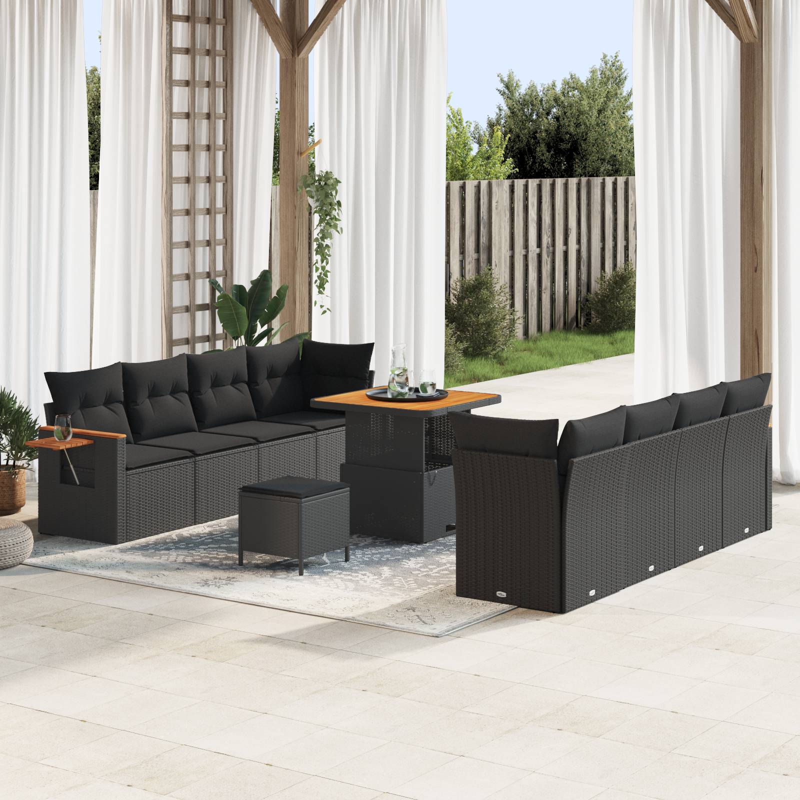 vidaXL 11-teiliges Garten Sofa Set mit Kissen Schwarzes Poly Rattan Akazie