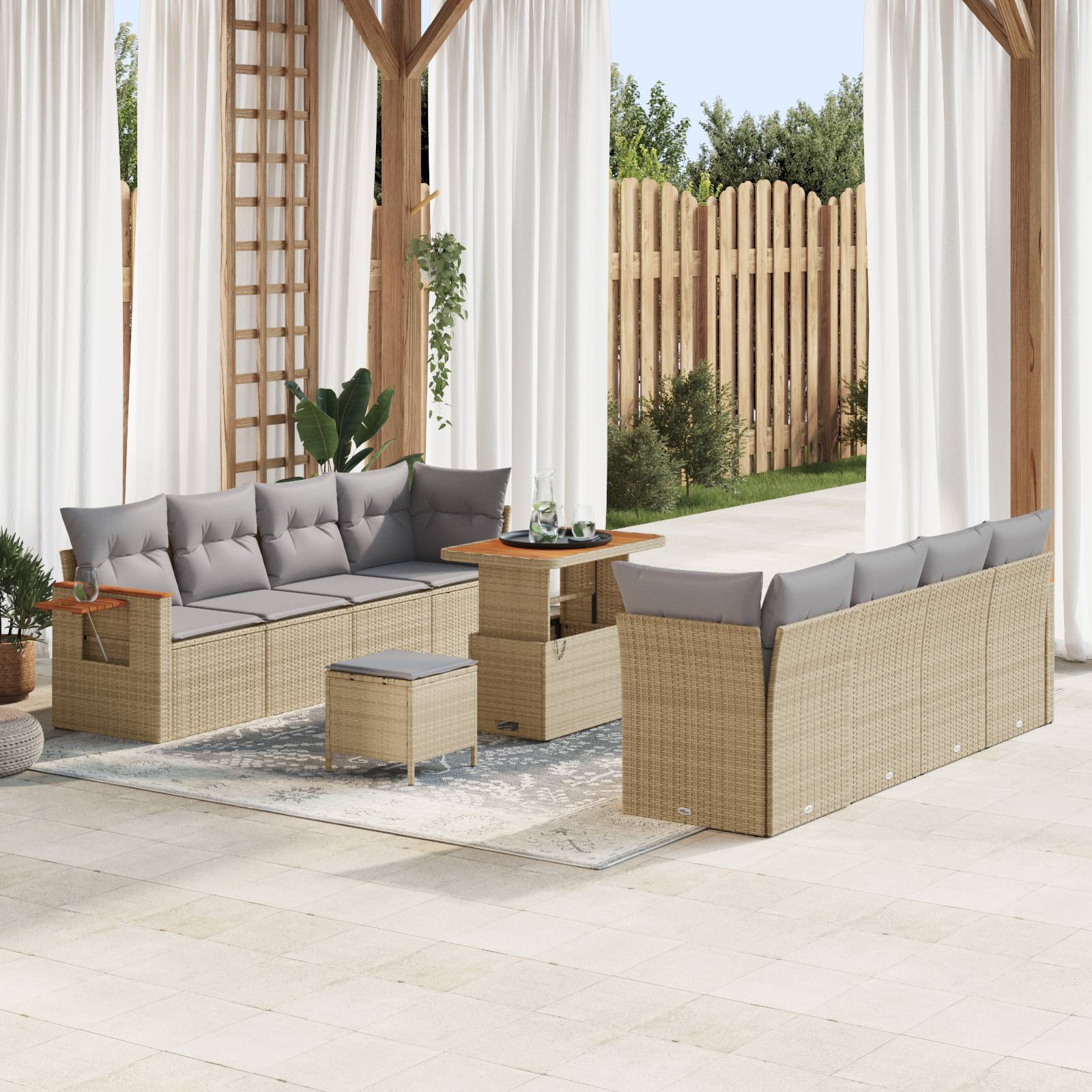 vidaXL 11-teiliges Garten Sofa Set mit Kissen Beige Poly Rattan Akazie