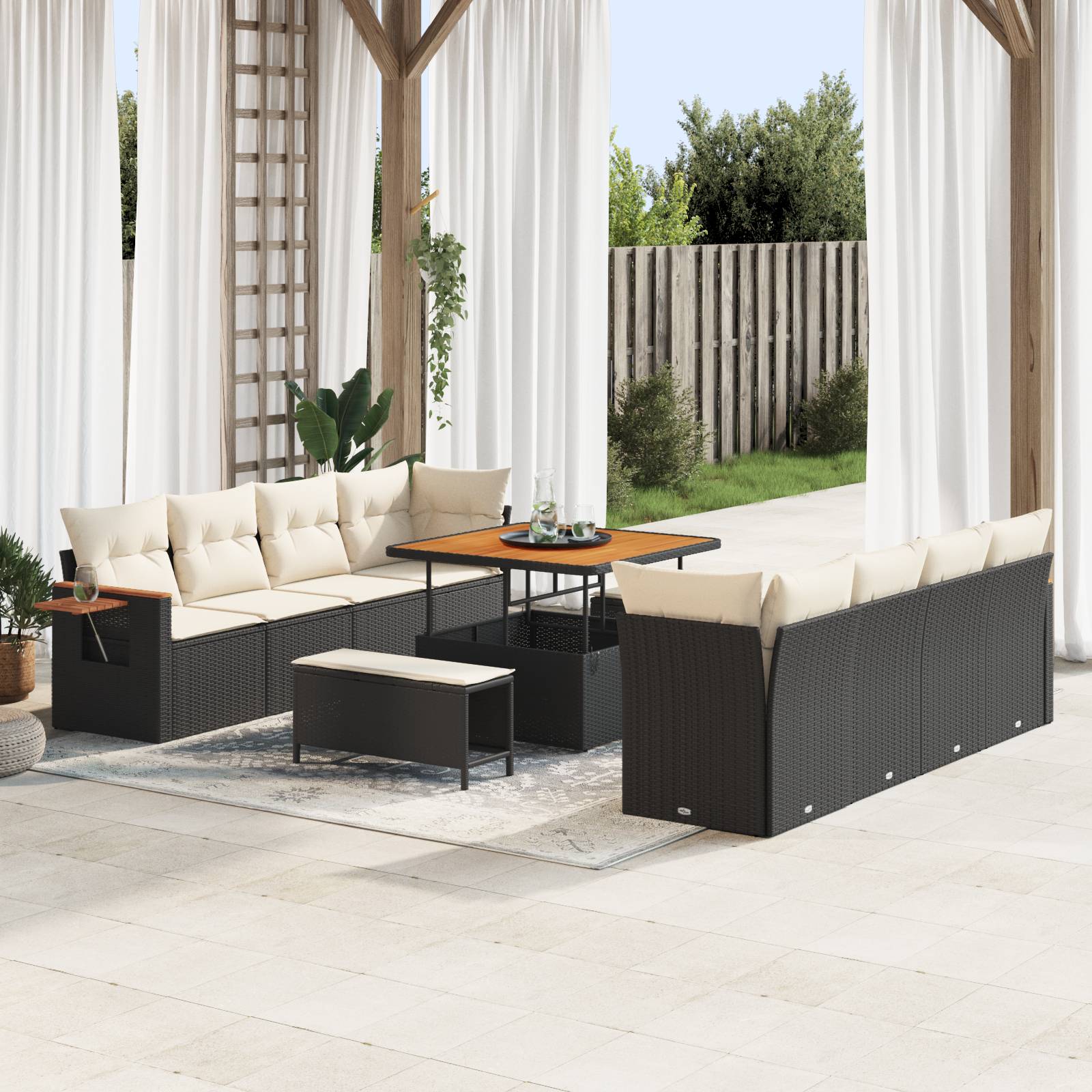vidaXL 11-teiliges Garten Sofa Set mit Kissen Schwarz Poly Rattan Akazie