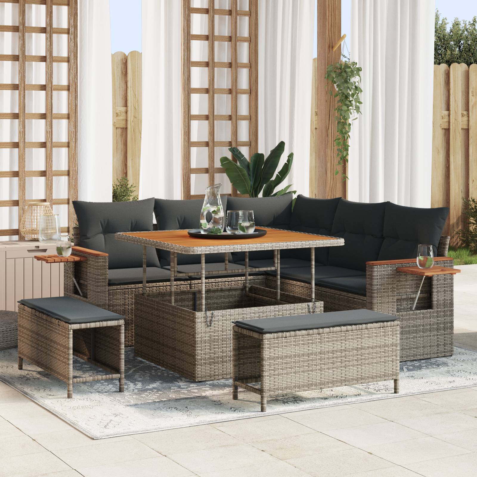 vidaXL 8-teiliges Garten Sofa Set mit Kissen Grau Poly Rattan Akazie