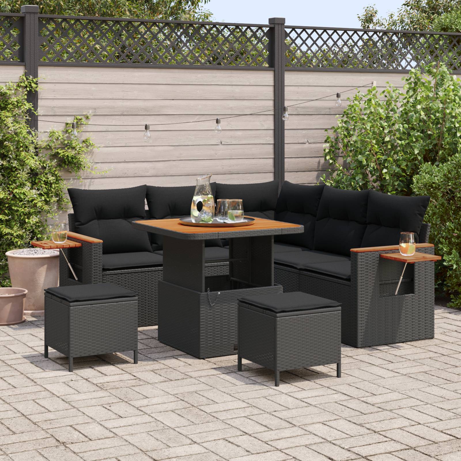 vidaXL 8-teiliges Garten-Sofa-Set mit Kissen Schwarz Poly Rattan Akazie