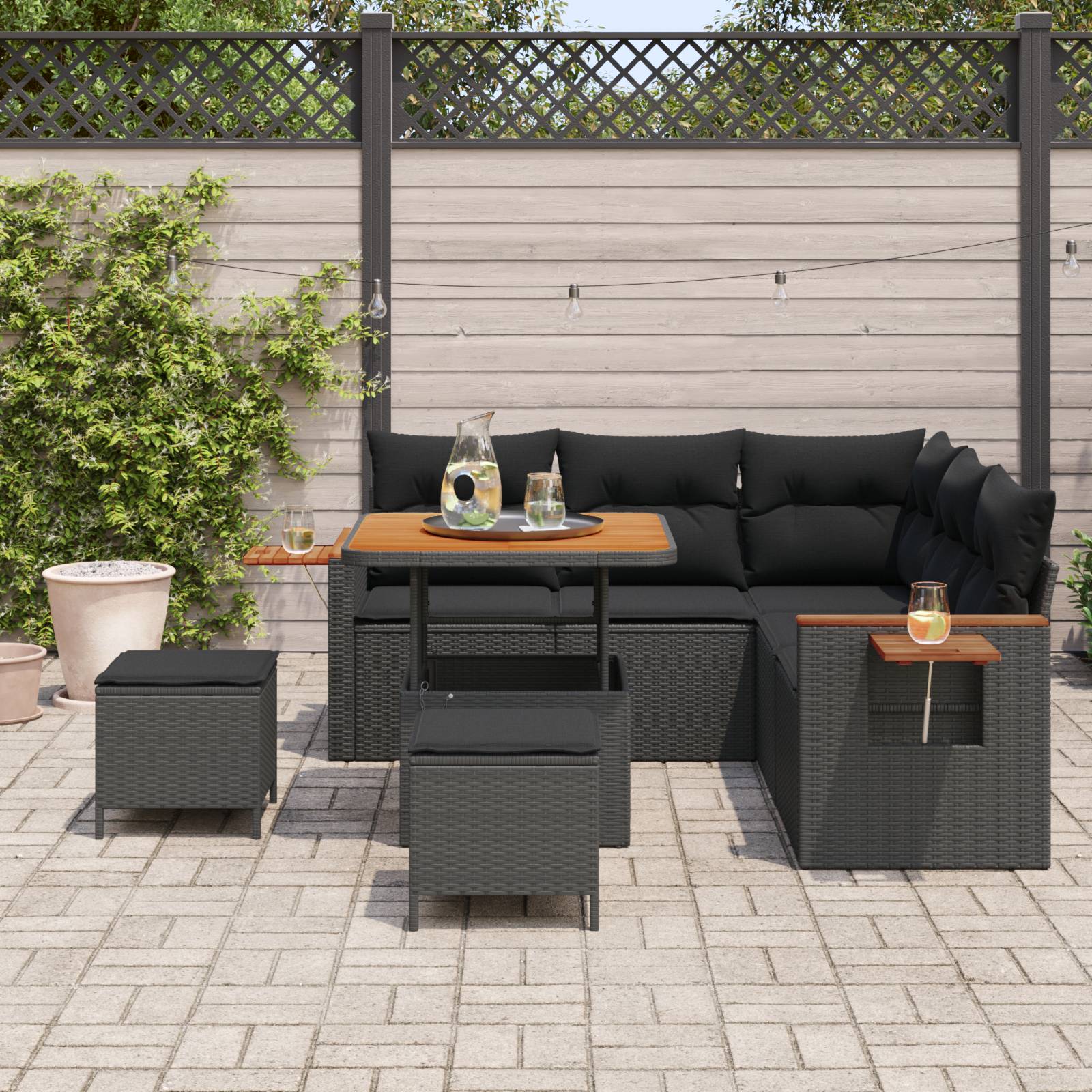 vidaXL 8-teiliges Garten-Sofa-Set mit Kissen Schwarz Poly Rattan Akazie