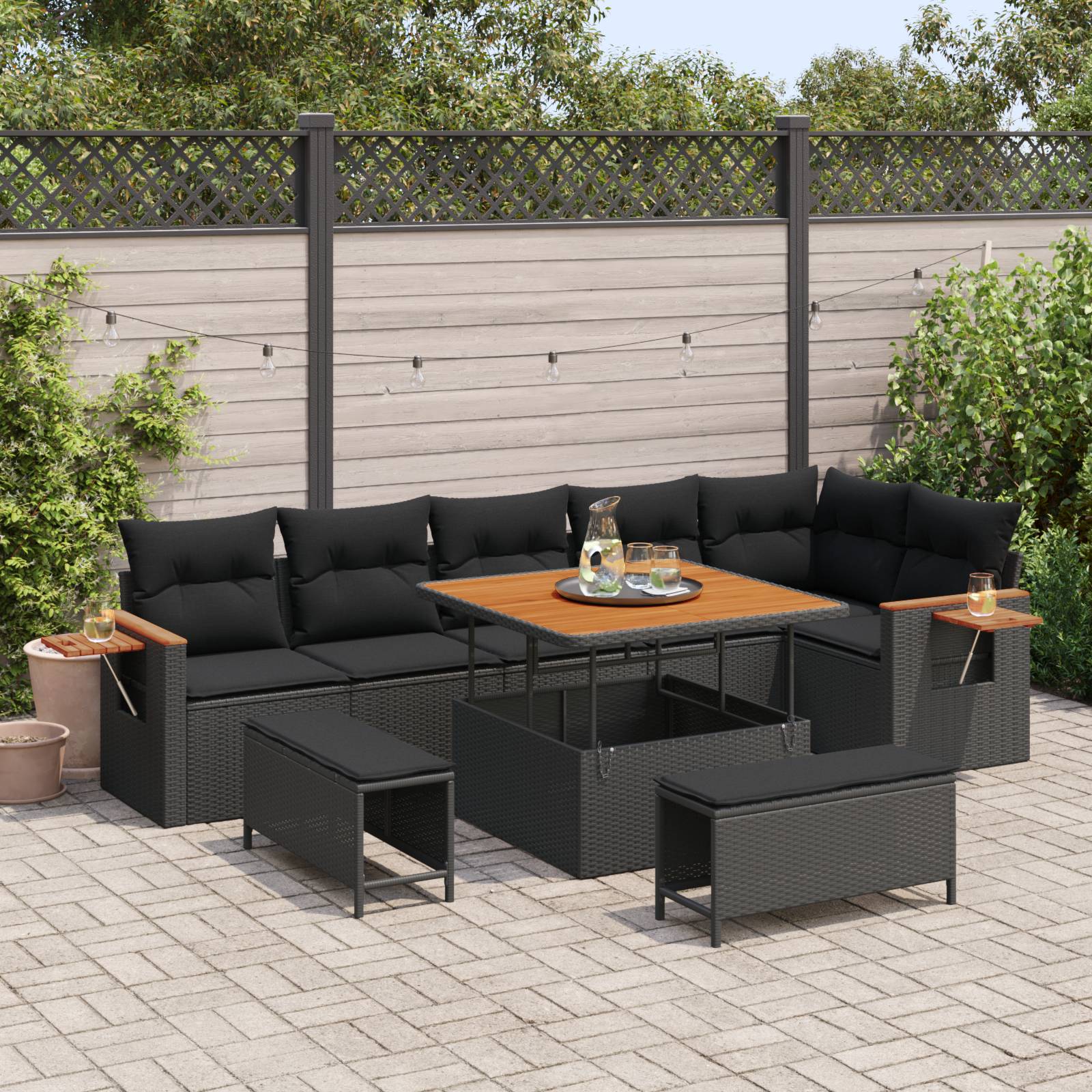 vidaXL 9-teiliges Garten Sofa Set mit Kissen Schwarz Poly Rattan Akazie