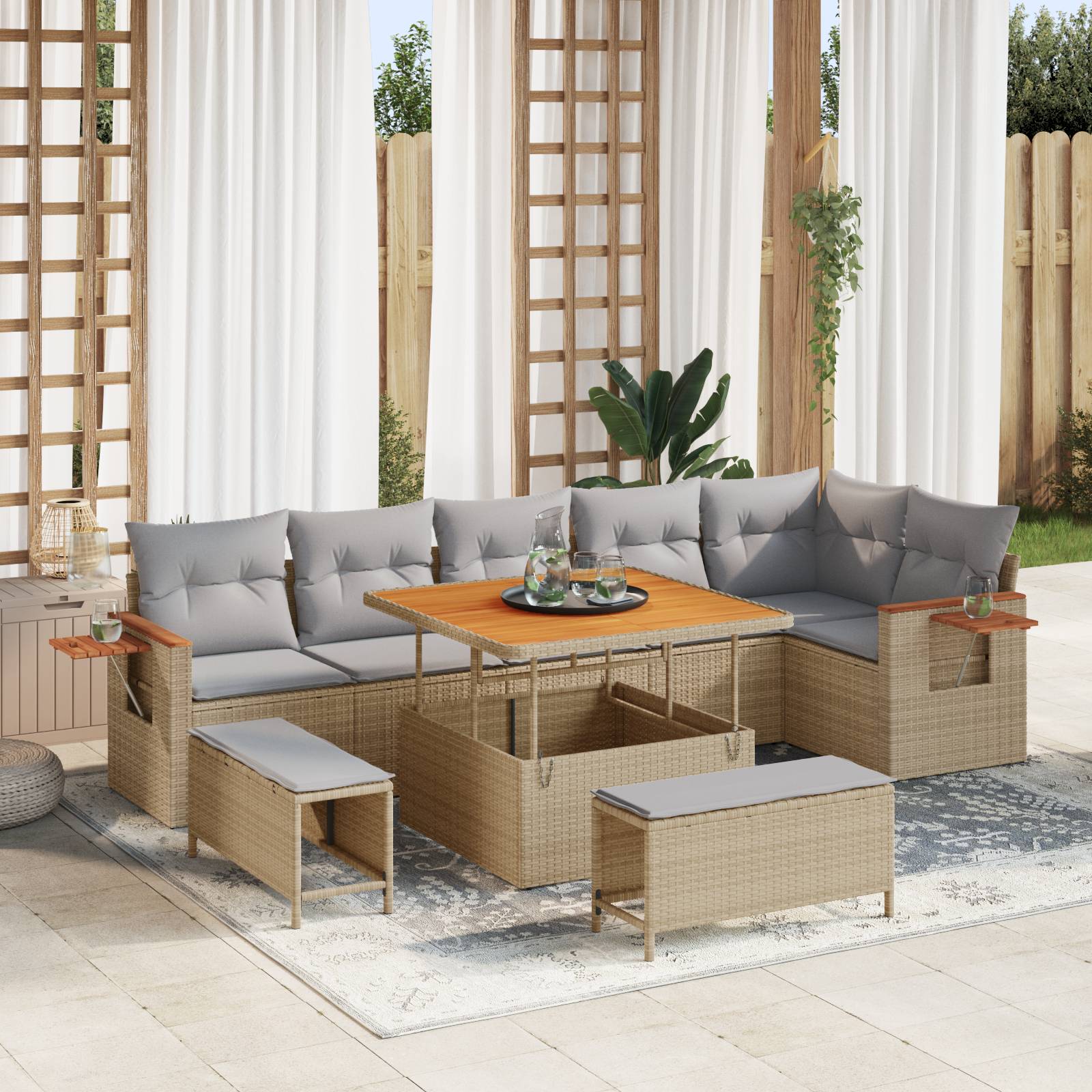 vidaXL 9-teiliges Garten Sofa Set mit Kissen Beige Poly Rattan Akazie