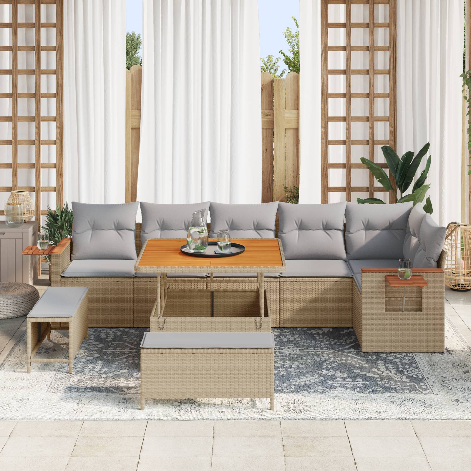 vidaXL 9-teiliges Garten Sofa Set mit Kissen Beige Poly Rattan Akazie