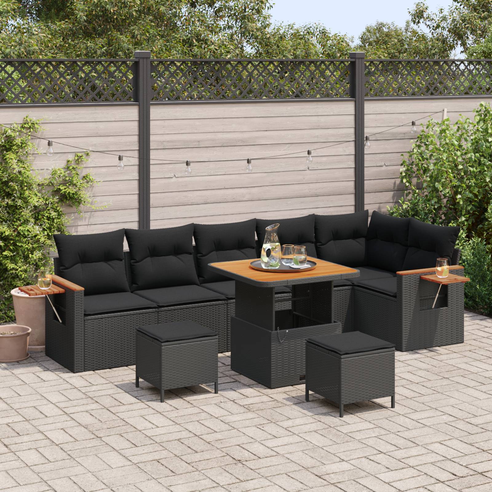 vidaXL 9-teiliges Garten Sofa Set mit Kissen Schwarz Poly Rattan Akazie