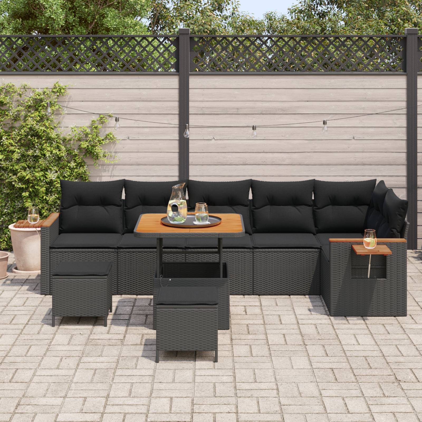vidaXL 9-teiliges Garten Sofa Set mit Kissen Schwarz Poly Rattan Akazie