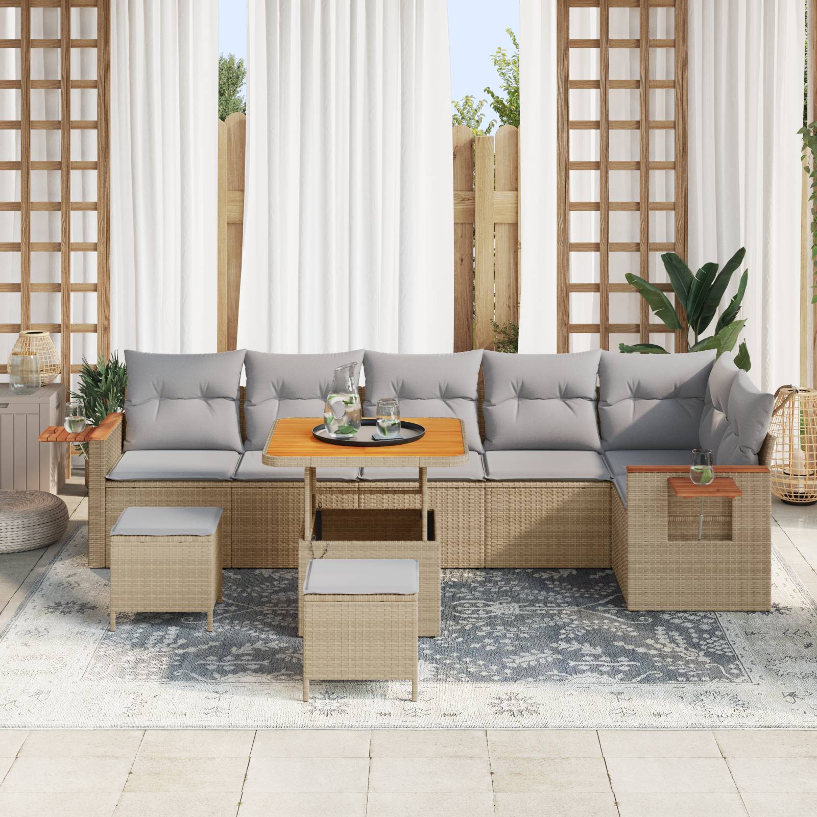 vidaXL 9-teiliges Garten Sofa Set mit Kissen Beige Poly Rattan Akazie