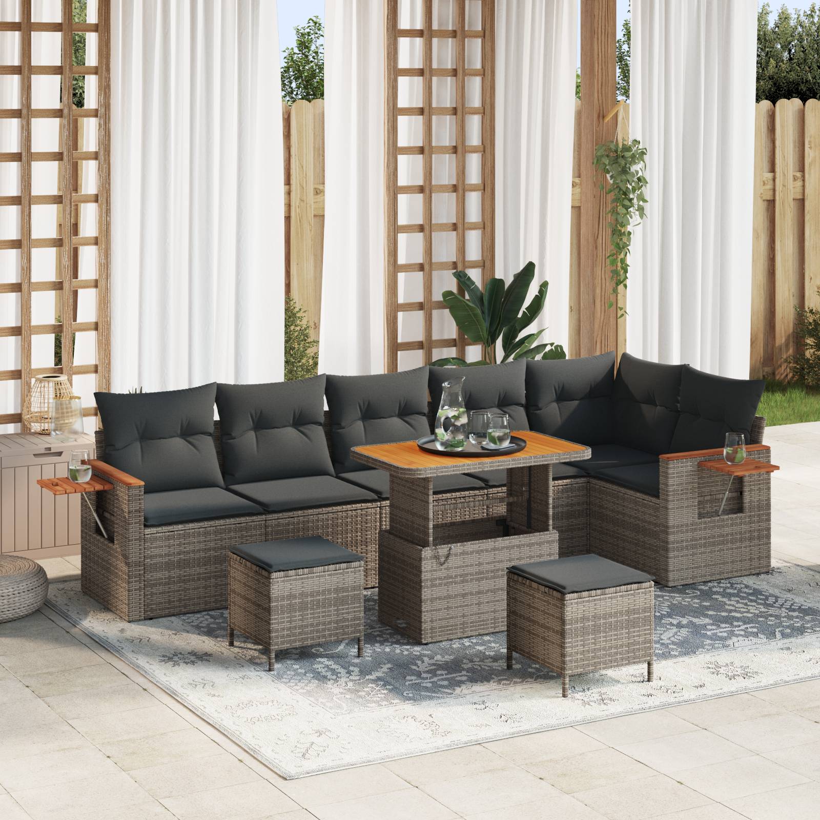 vidaXL 9-teiliges Garten Sofa Set mit Kissen Grau Poly Rattan Akazie