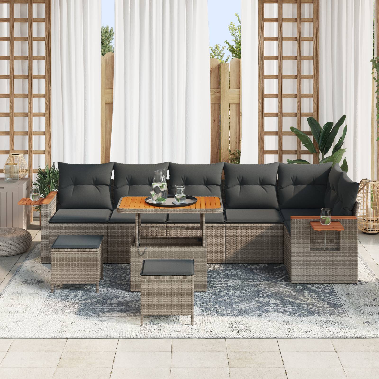 vidaXL 9-teiliges Garten Sofa Set mit Kissen Grau Poly Rattan Akazie