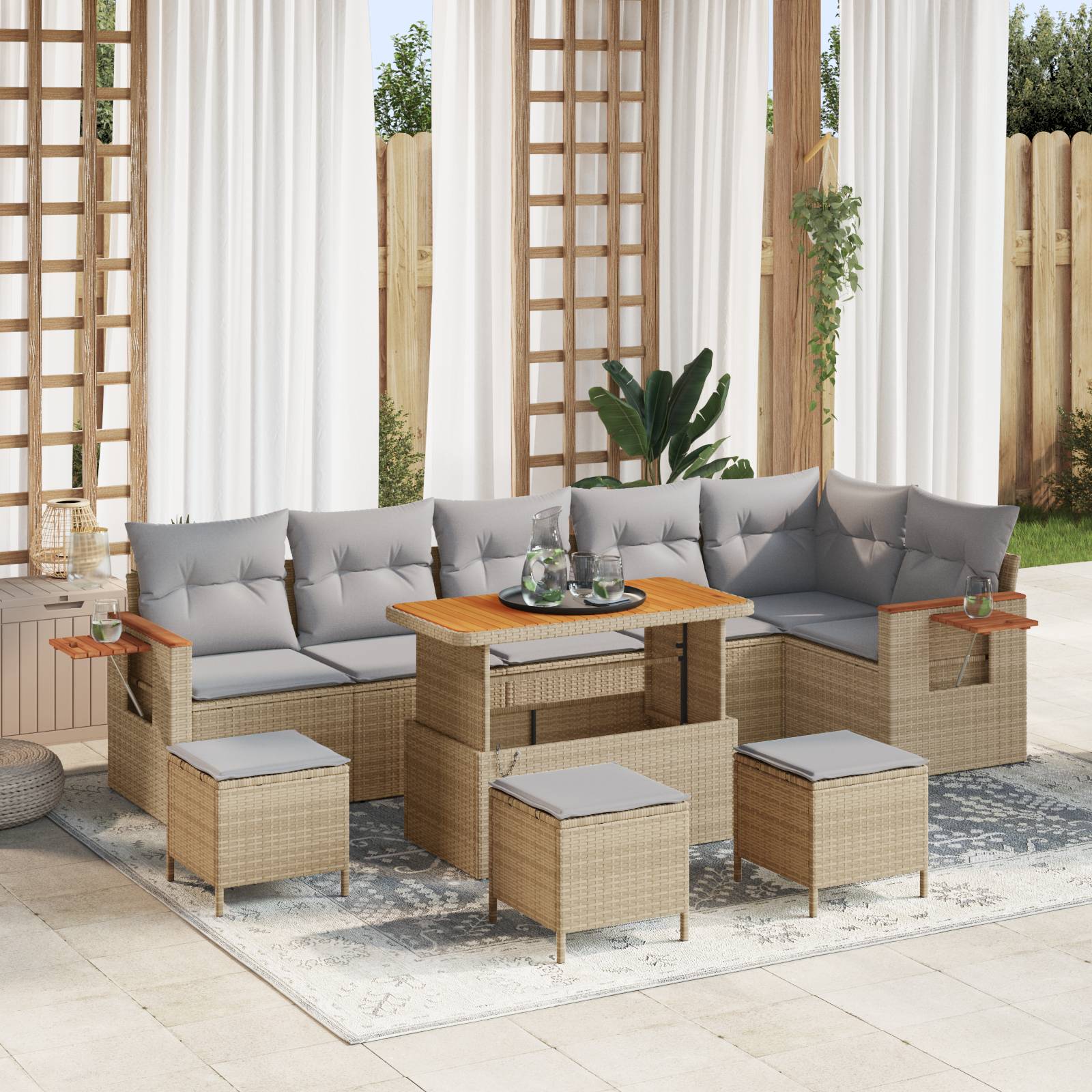 vidaXL 10-teiliges Garten Sofa Set mit Kissen Beige Poly Rattan Akazie