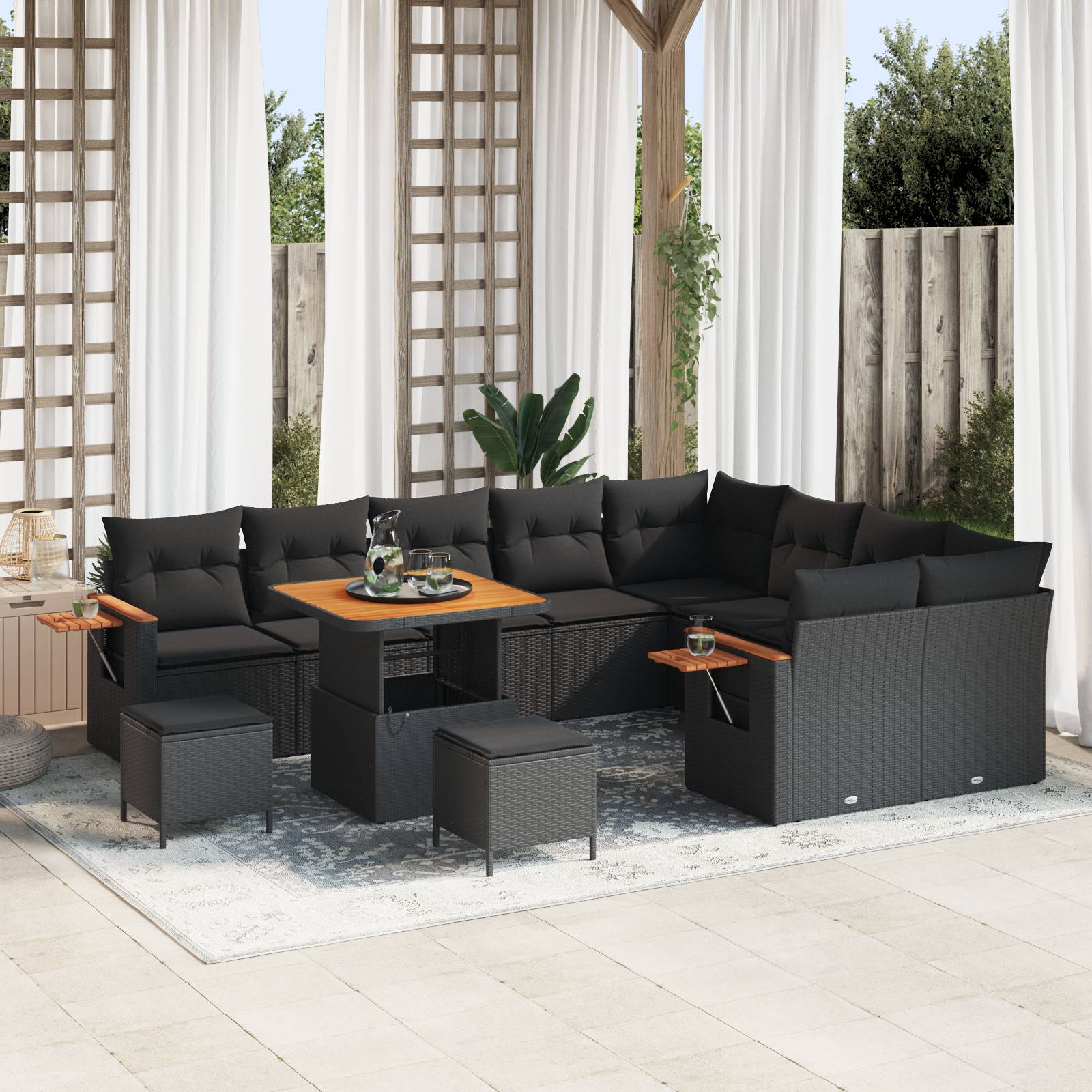 vidaXL 12-teiliges Garten Sofa Set mit Kissen Schwarz Poly Rattan Akazie