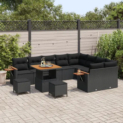 vidaXL 12-teiliges Garten Sofa Set mit Kissen Schwarz Poly Rattan Akazie vidaXL 12-teiliges Garten Sofa Set mit Kissen Schwarz Poly Rattan Akazie