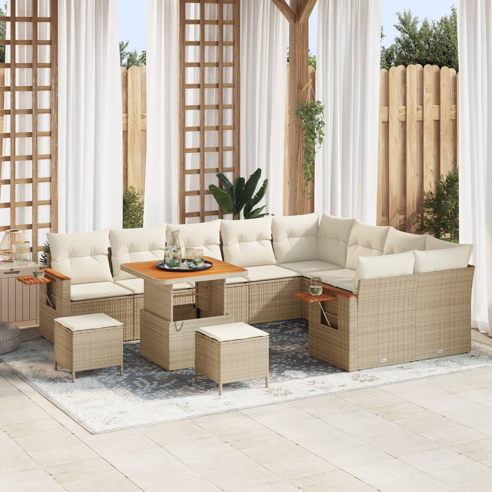 vidaXL 12-teiliges Garten-Sofa-Set mit Kissen Beige Poly Rattan Akazie