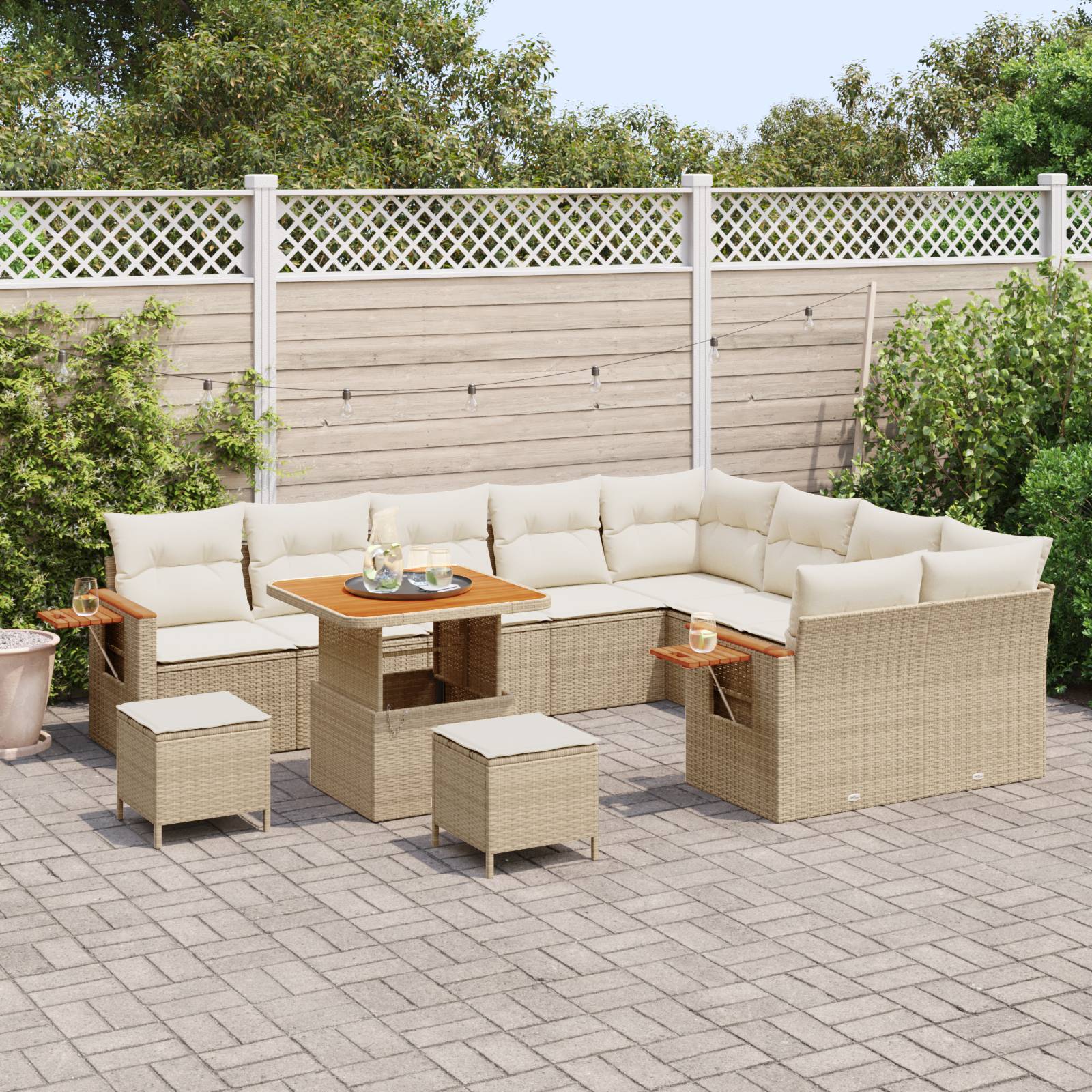 vidaXL 12-teiliges Garten-Sofa-Set mit Kissen Beige Poly Rattan Akazie