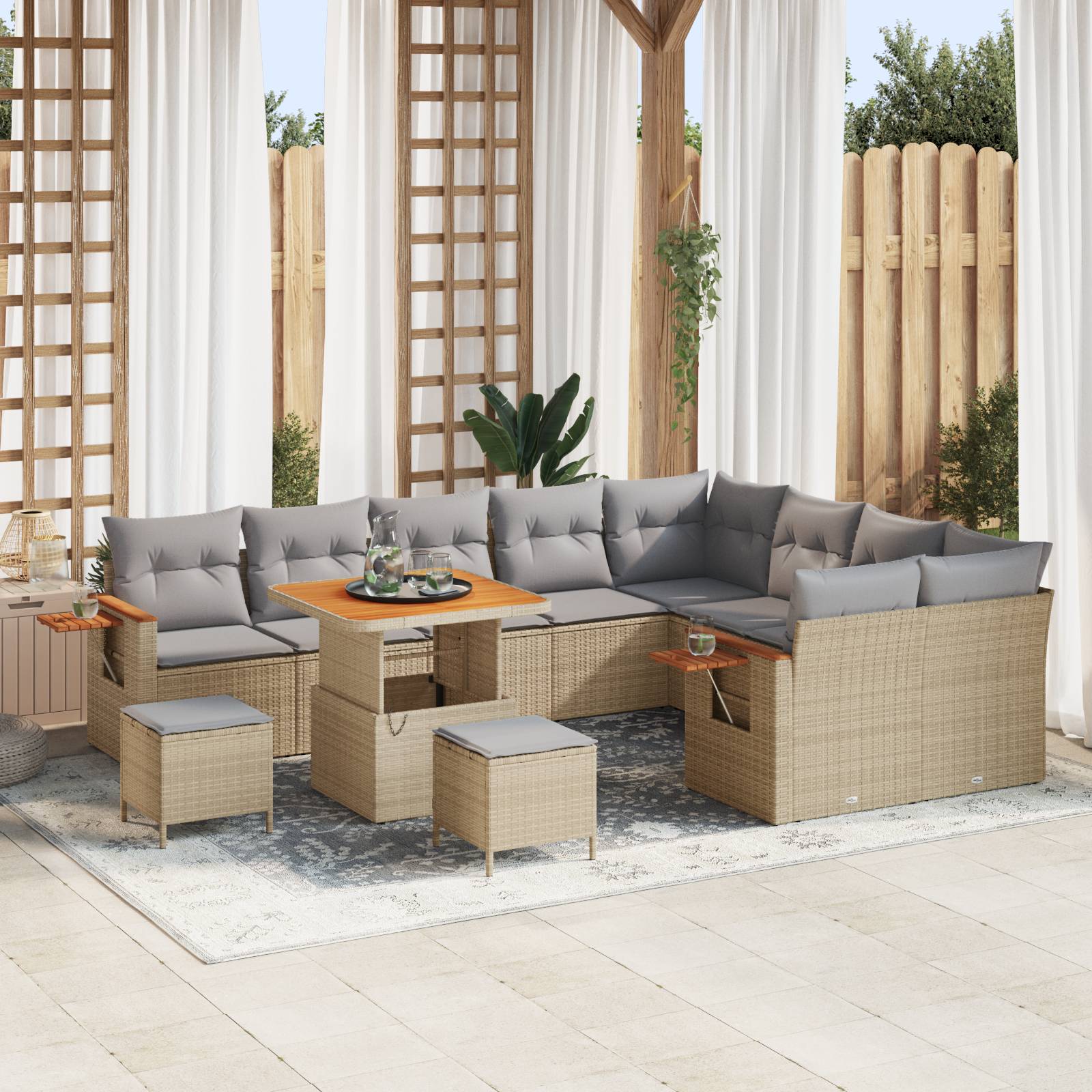 vidaXL 12-teiliges Garten Sofa Set mit Kissen Beige Poly Rattan Akazie