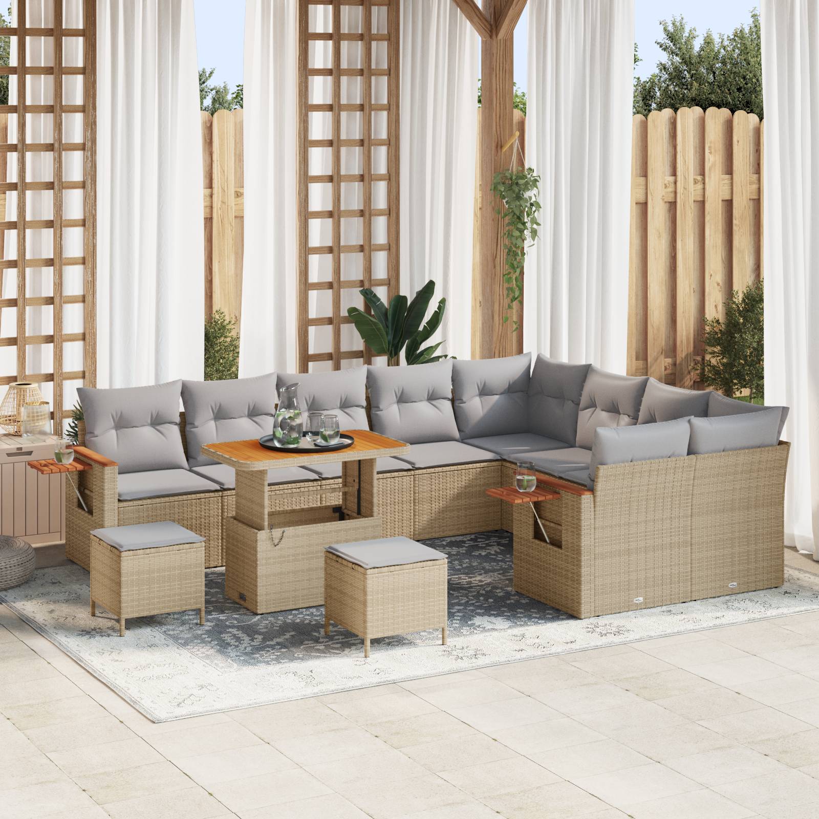 vidaXL 12 Stück Garten Sofa Set mit Kissen Beige Poly-Rattan Akazie