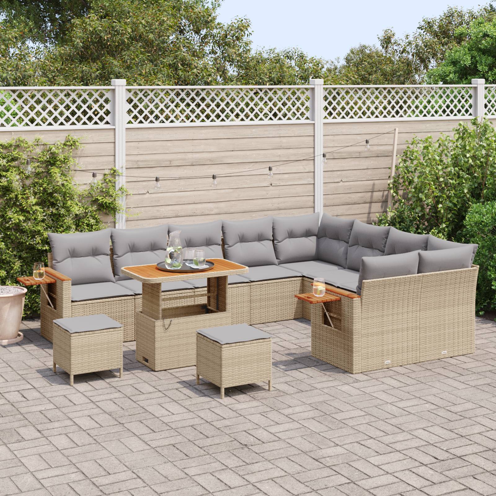 vidaXL 12 Stück Garten Sofa Set mit Kissen Beige Poly-Rattan Akazie