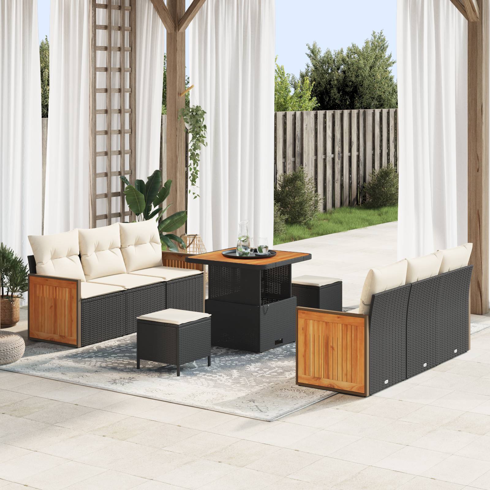 vidaXL 9-teiliges Garten-Sofa-Set mit Kissen Schwarz Poly-Rattan Akazie