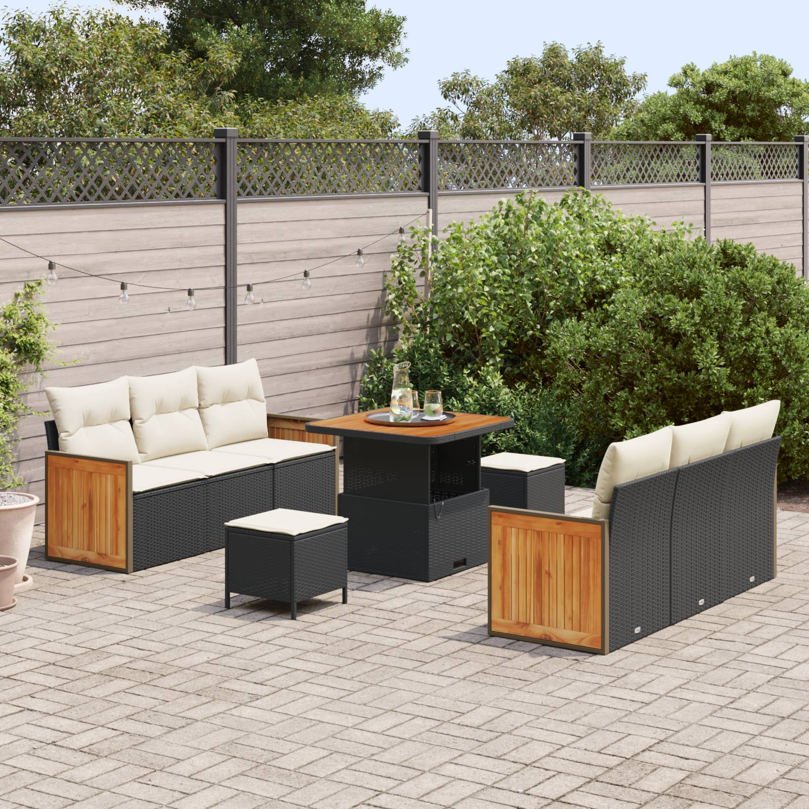 vidaXL 9-teiliges Garten-Sofa-Set mit Kissen Schwarz Poly-Rattan Akazie