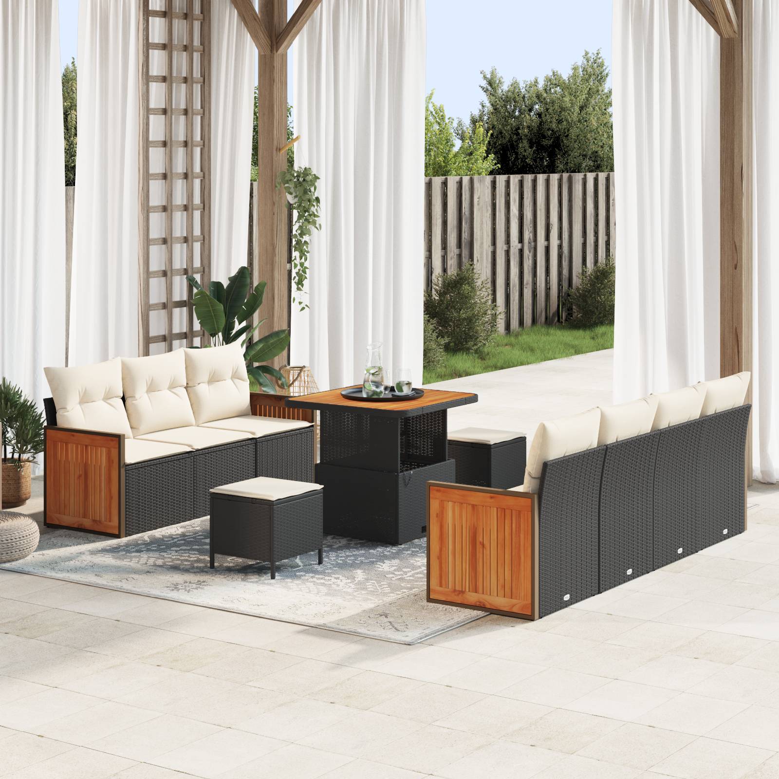 vidaXL 10-teiliges Garten Sofa Set mit Kissen Schwarzes Poly Rattan Akazie