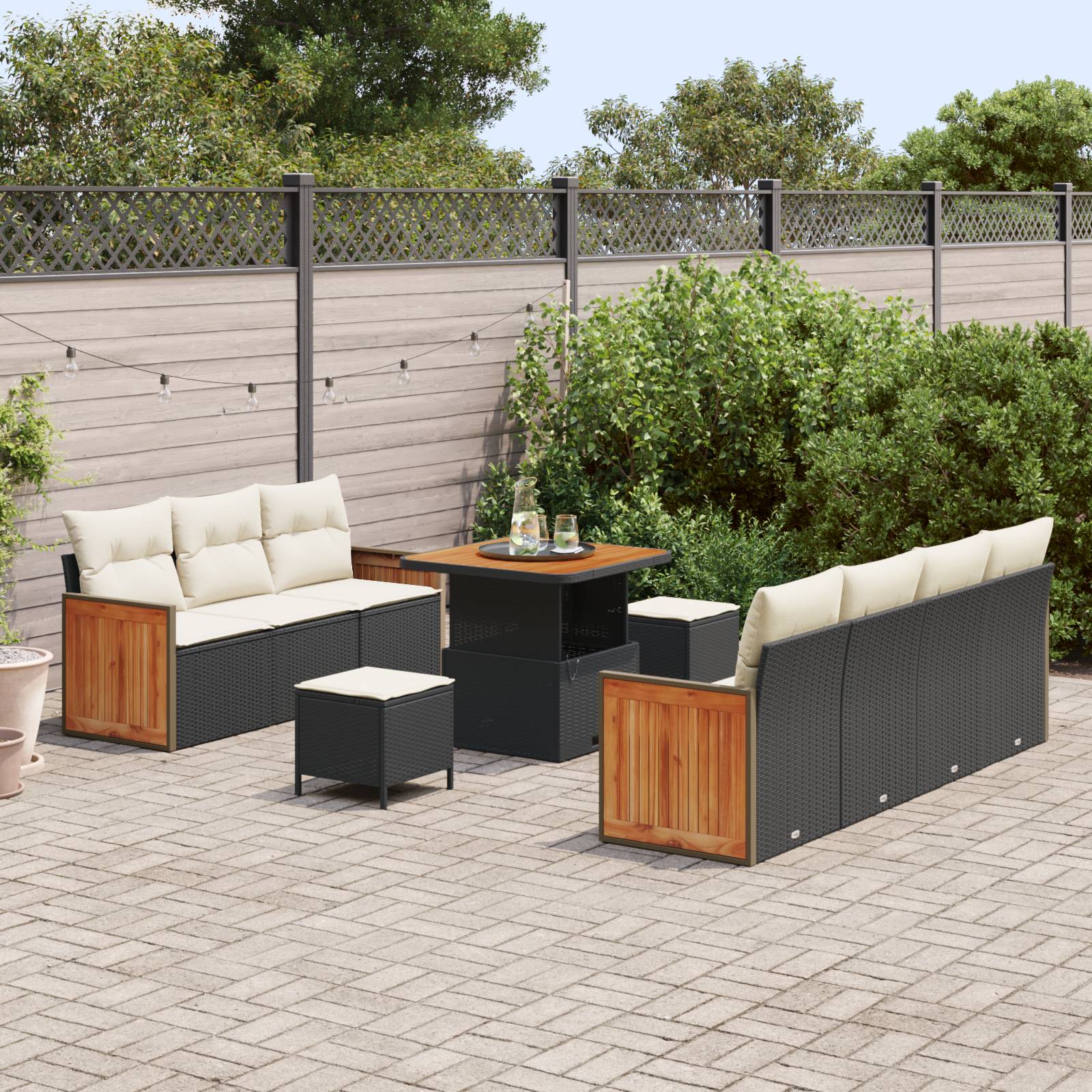 vidaXL 10-teiliges Garten Sofa Set mit Kissen Schwarzes Poly Rattan Akazie