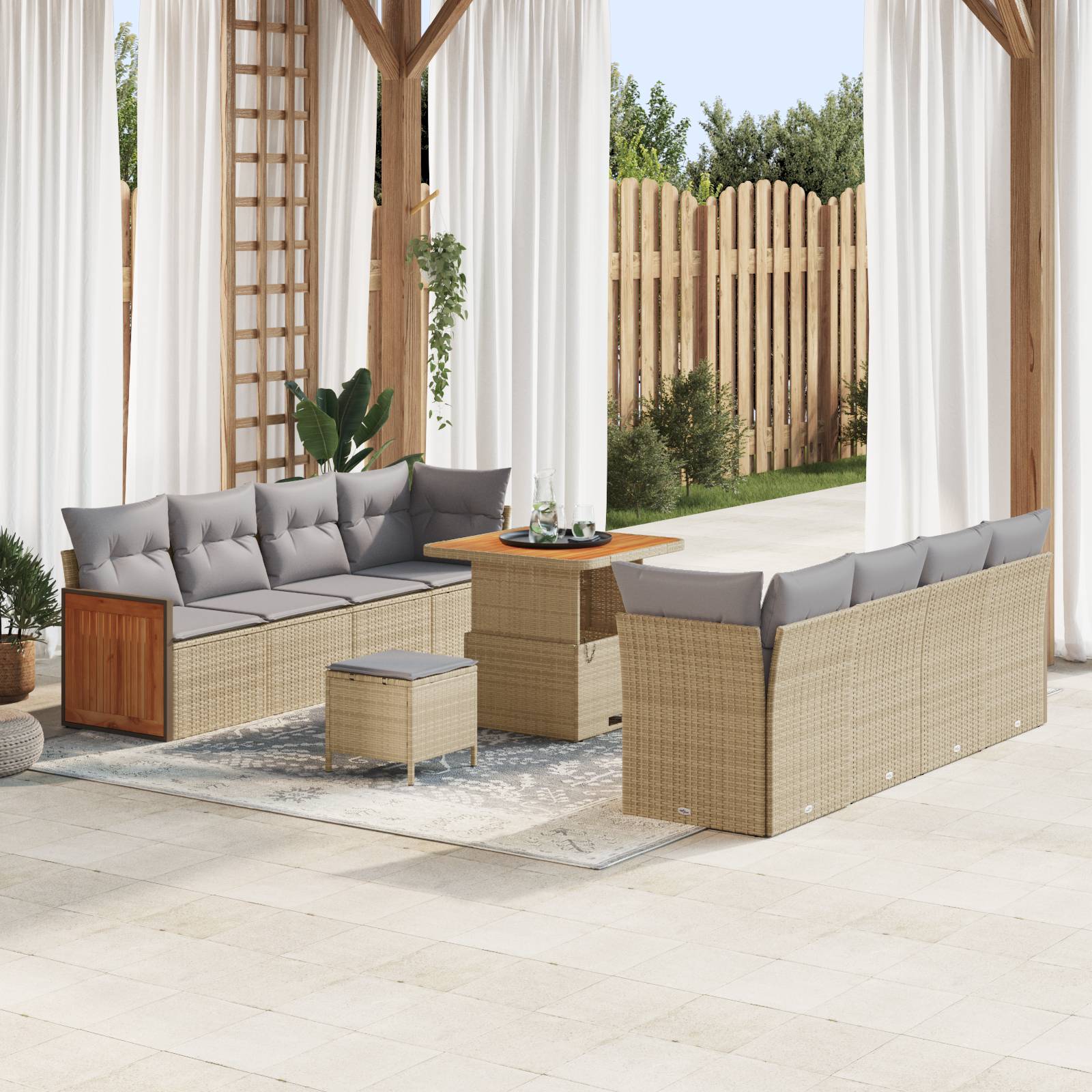 vidaXL 11-teiliges Garten Sofa Set mit Kissen Beige Poly-Rattan Akazie