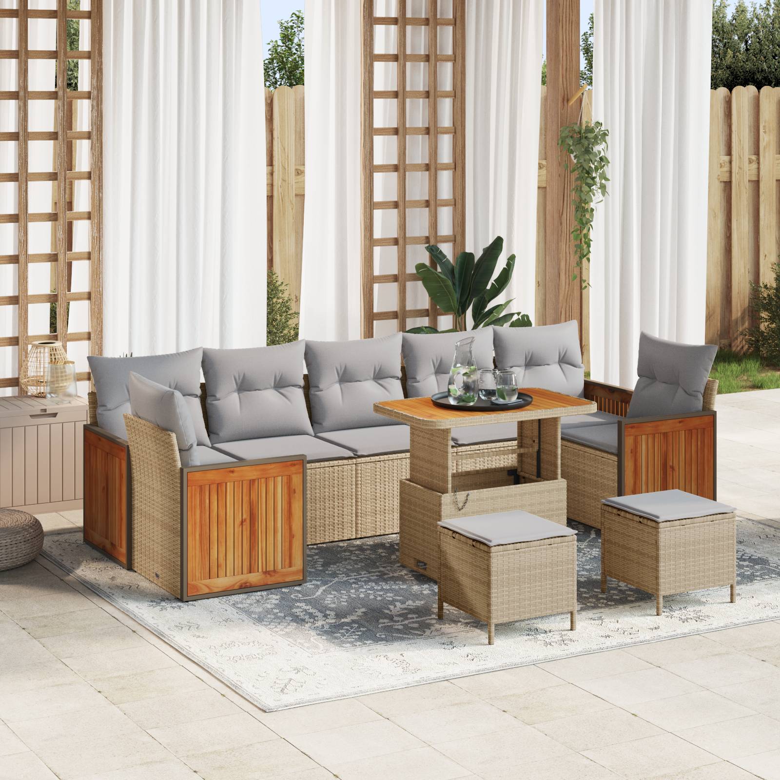 vidaXL 10-teiliges Garten Sofaset mit Kissen Beige Poly Rattan Akazie