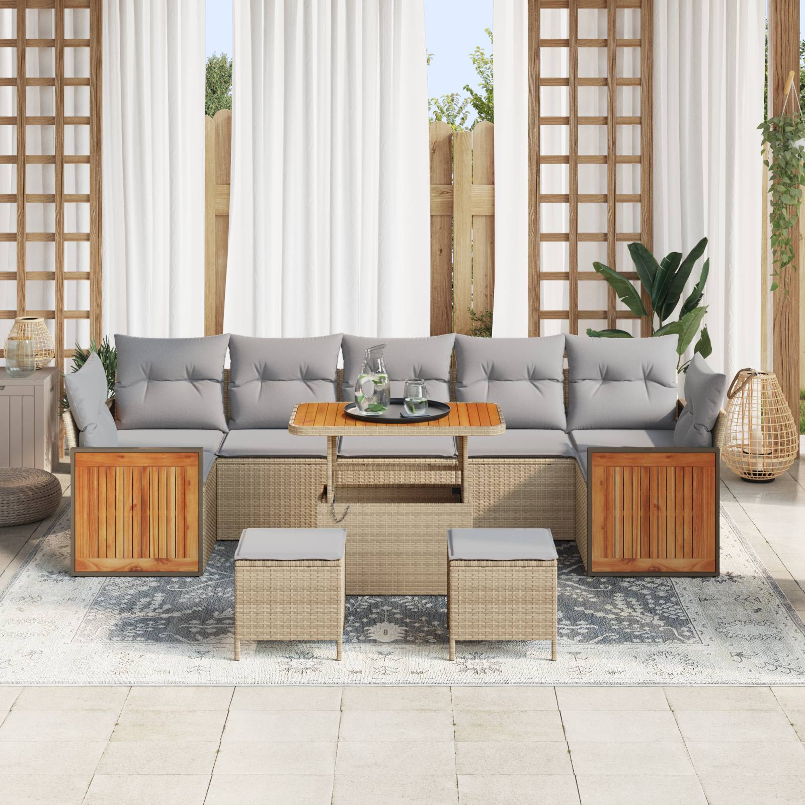 vidaXL 10-teiliges Garten Sofaset mit Kissen Beige Poly Rattan Akazie