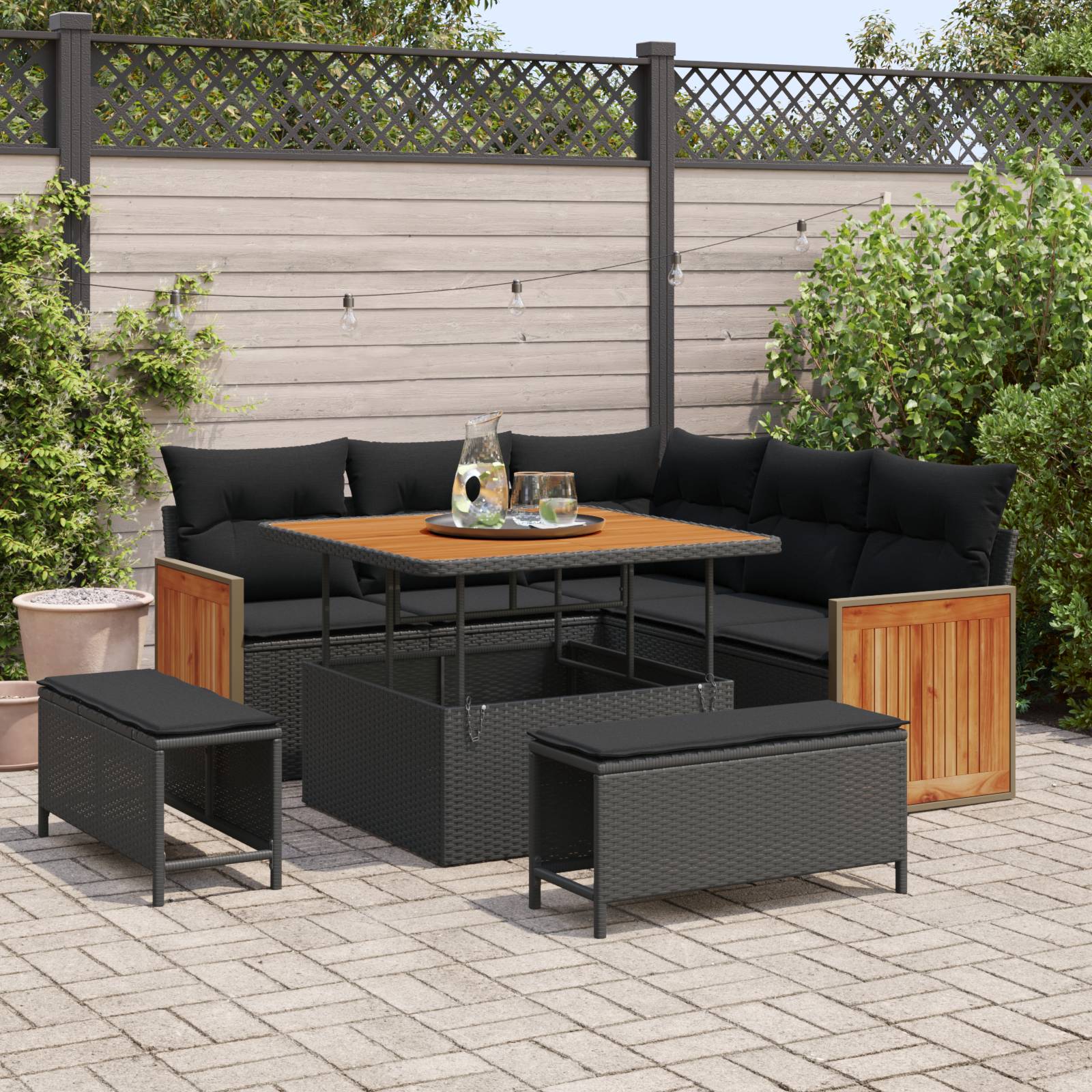 vidaXL 8-teiliges Garten Sofa Set mit Kissen Schwarz Poly Rattan Akazie