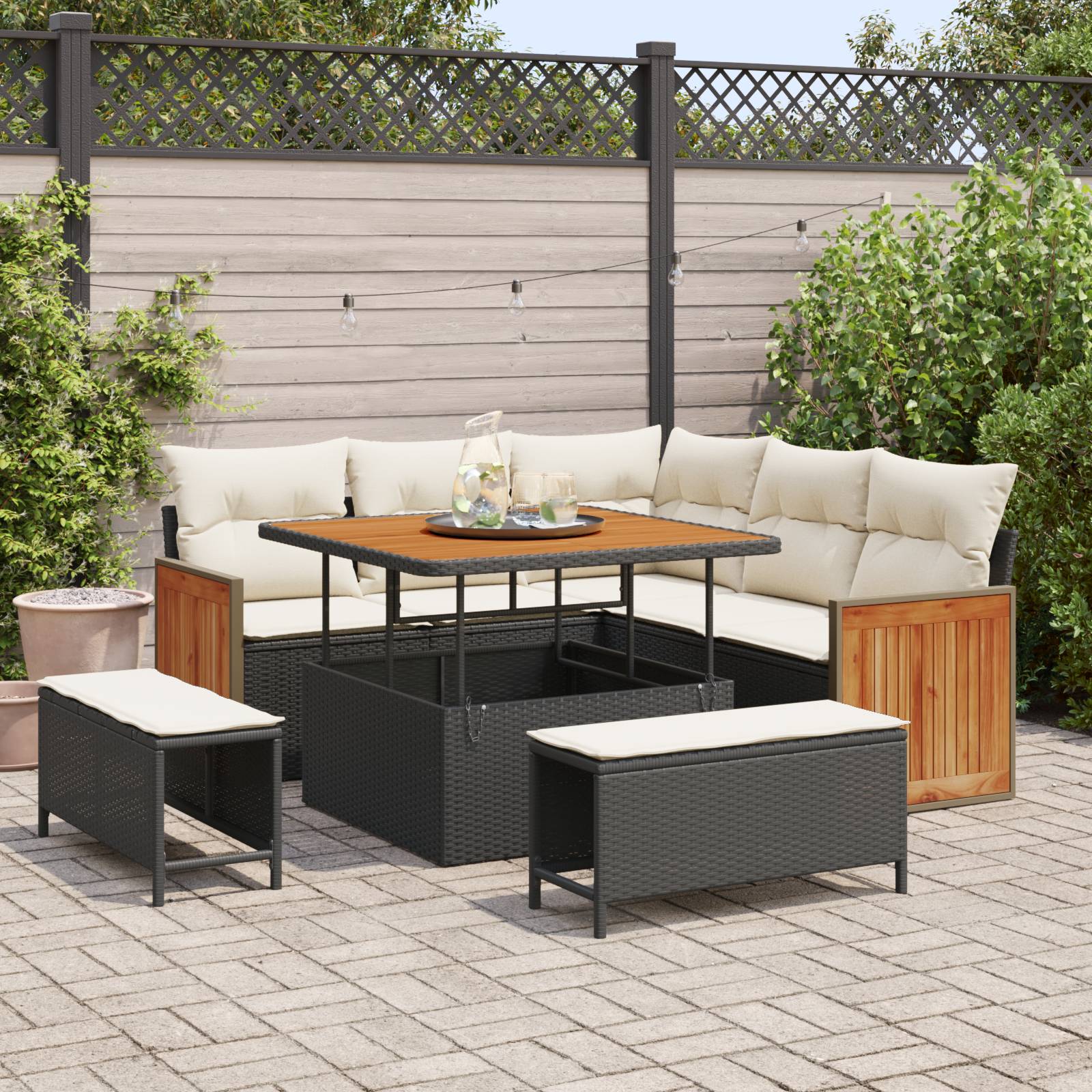 vidaXL 8-teilige Garten-Sofaset mit Kissen Schwarz Poly Rattan Akazie