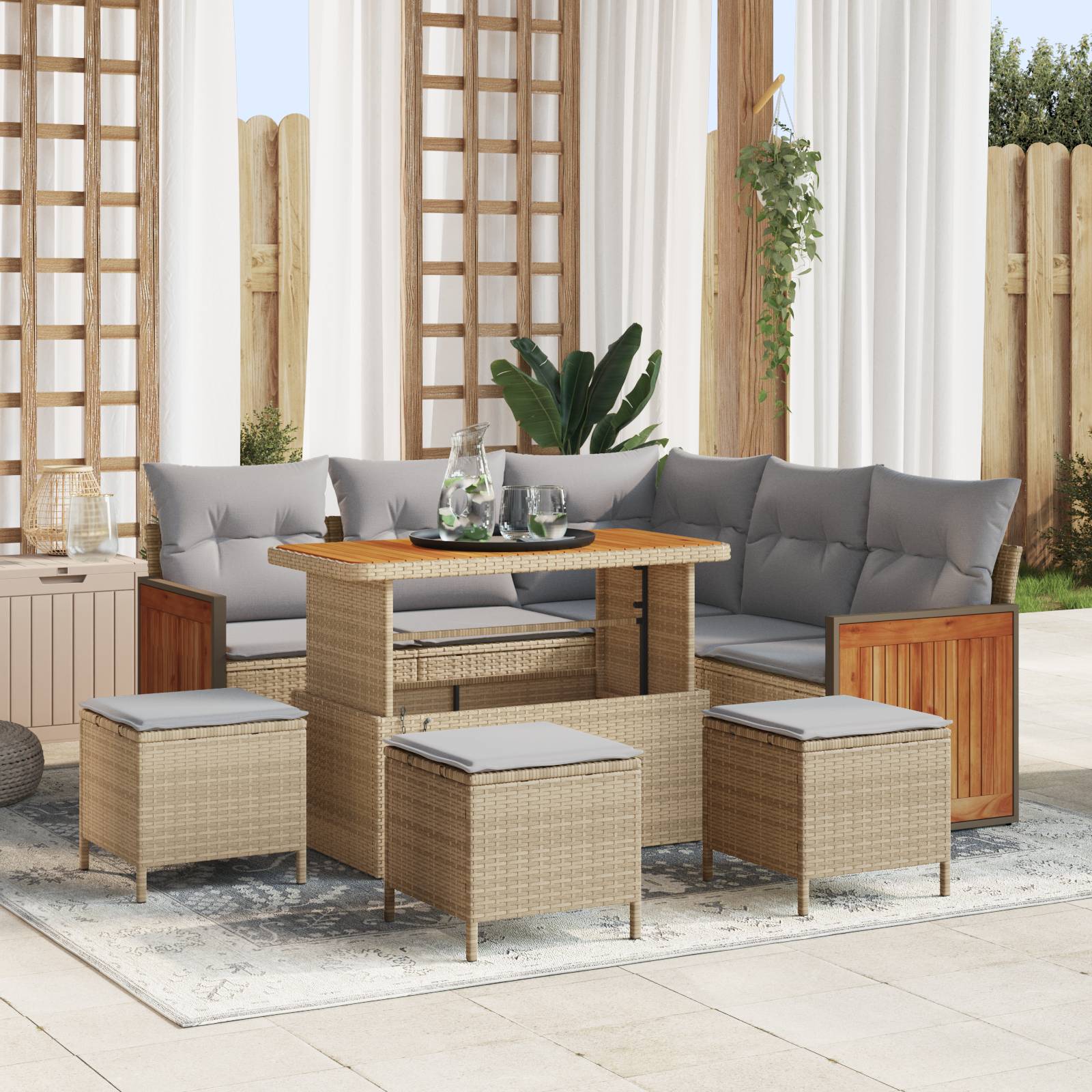 vidaXL 9-teiliges Garten Sofa Set mit Kissen Beige Poly-Rattan Akazie