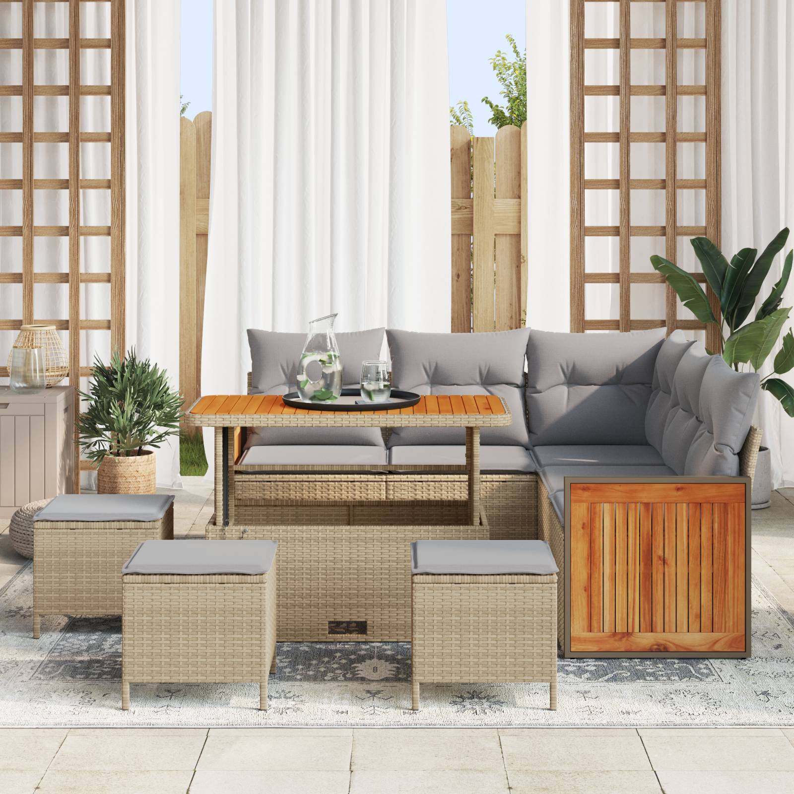 vidaXL 9-teiliges Garten Sofa Set mit Kissen Beige Poly-Rattan Akazie