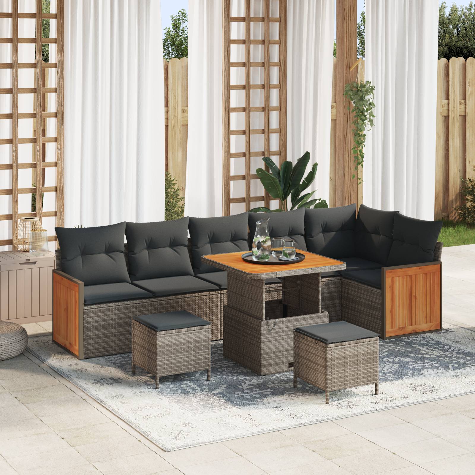 vidaXL 9-teiliges Garten-Sofa-Set mit Kissen Grau Poly-Rattan Akazie