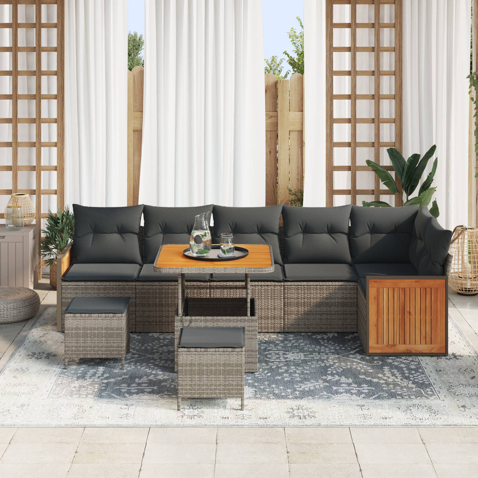 vidaXL 9-teiliges Garten-Sofa-Set mit Kissen Grau Poly-Rattan Akazie