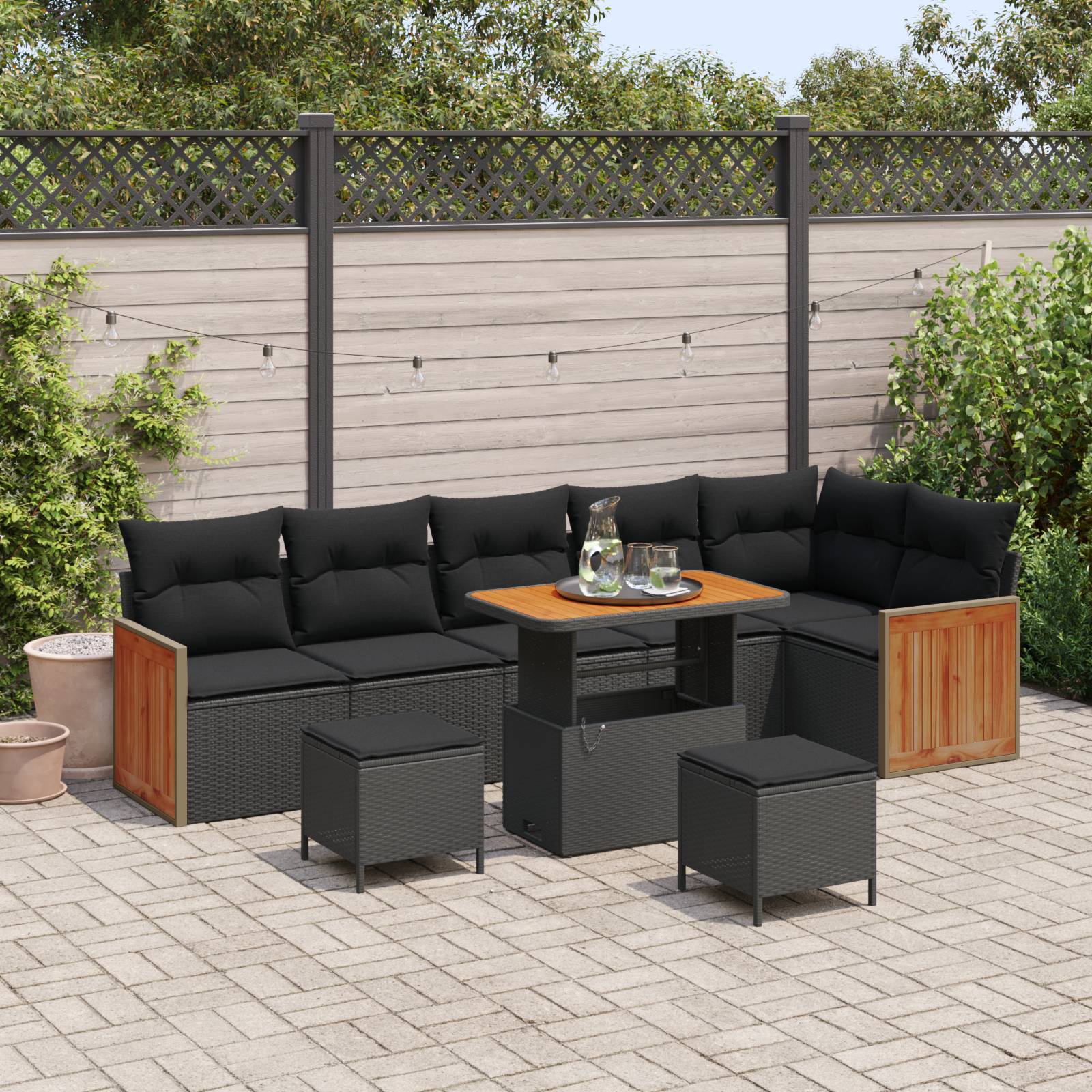 vidaXL 9-teiliges Garten-Sofa-Set mit Kissen Schwarz Poly Rattan Akazie