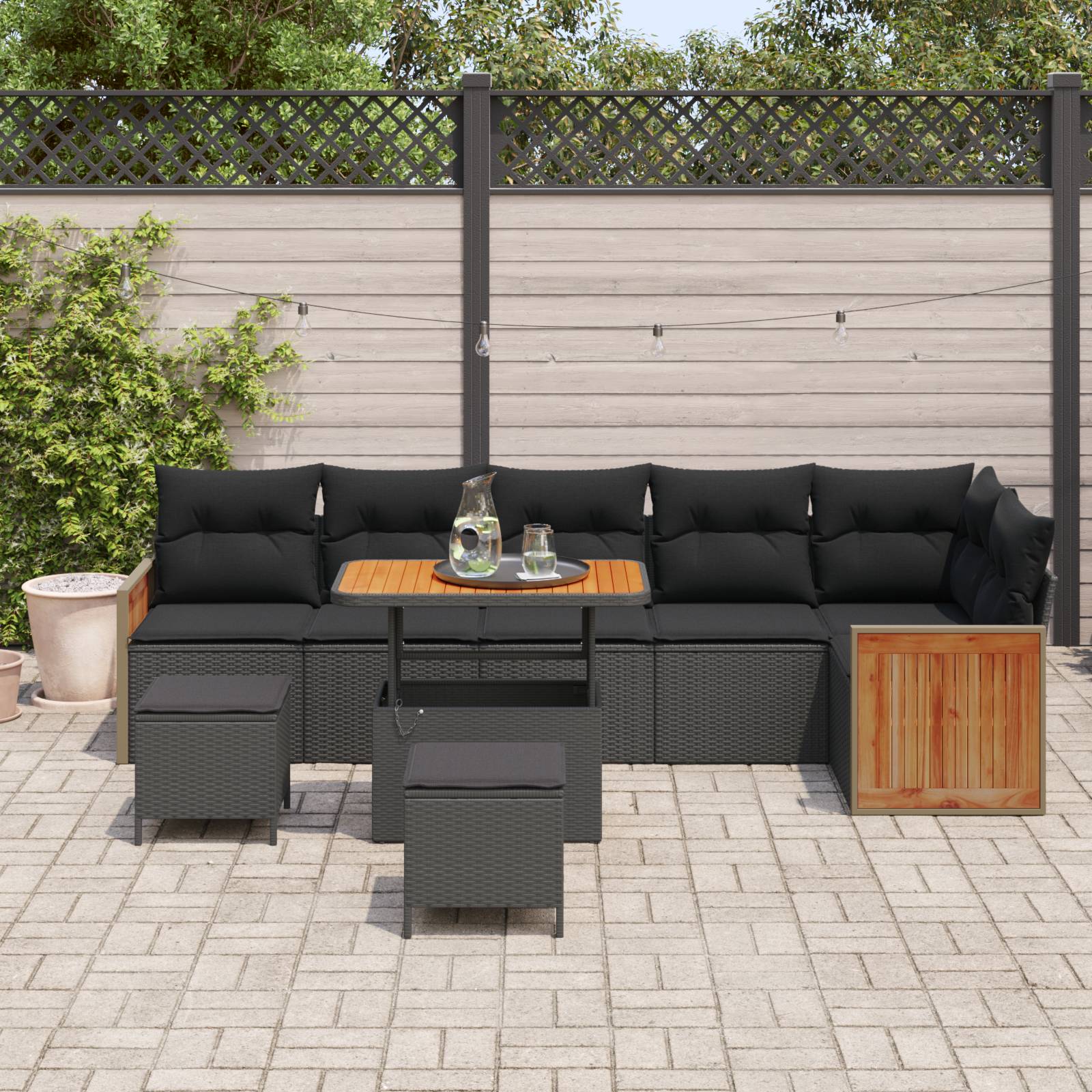 vidaXL 9-teiliges Garten-Sofa-Set mit Kissen Schwarz Poly Rattan Akazie