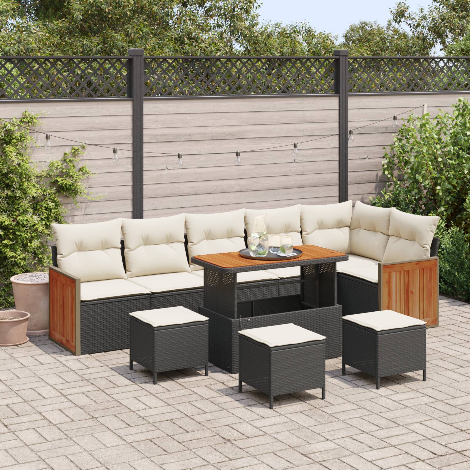 vidaXL 10-teiliges Garten-Sofa-Set mit Kissen in Schwarz aus Poly-Rattan und Akazienholz