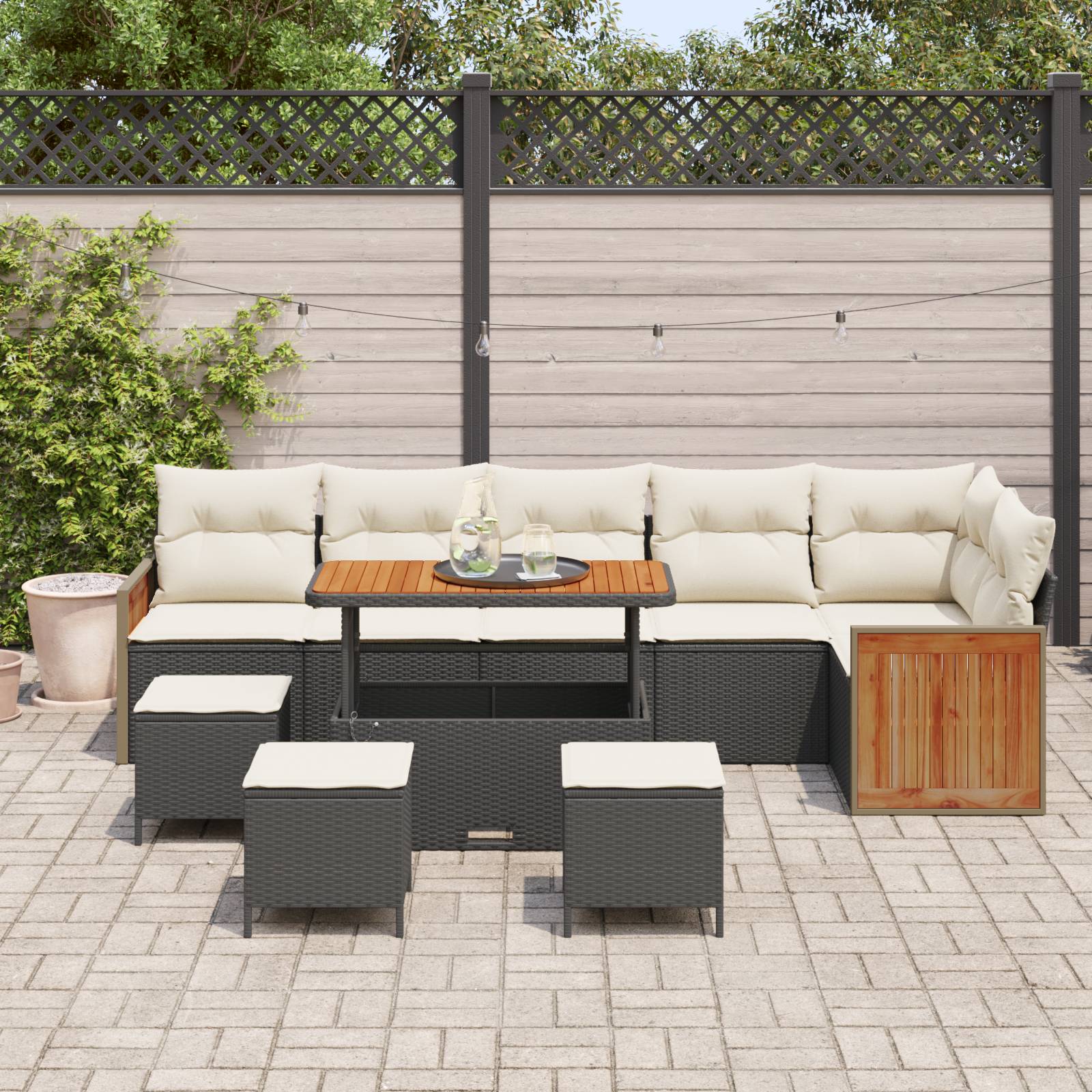 vidaXL 10-teiliges Garten-Sofa-Set mit Kissen in Schwarz aus Poly-Rattan und Akazienholz