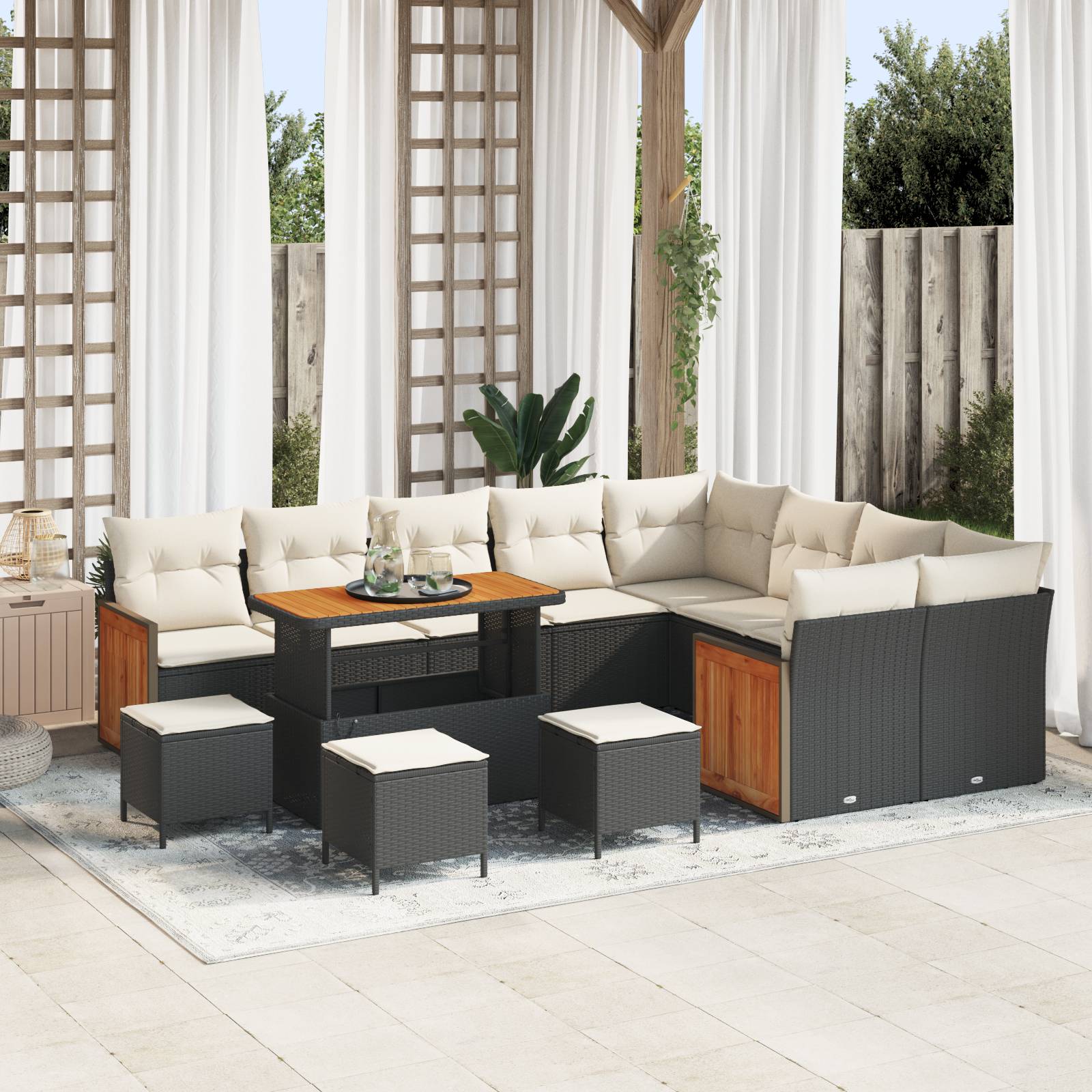 vidaXL 13-teiliges Garten Sofa Set mit Kissen Schwarz Poly Rattan Akazie