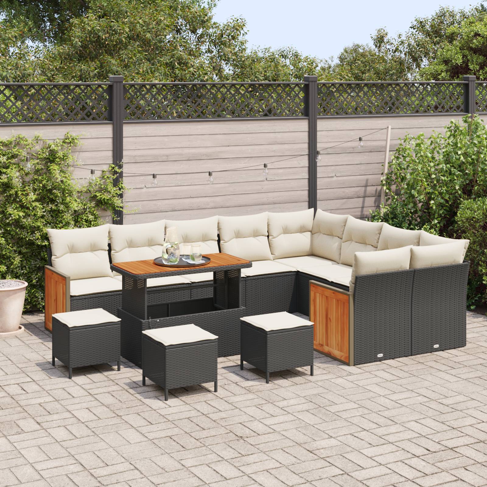 vidaXL 13-teiliges Garten Sofa Set mit Kissen Schwarz Poly Rattan Akazie