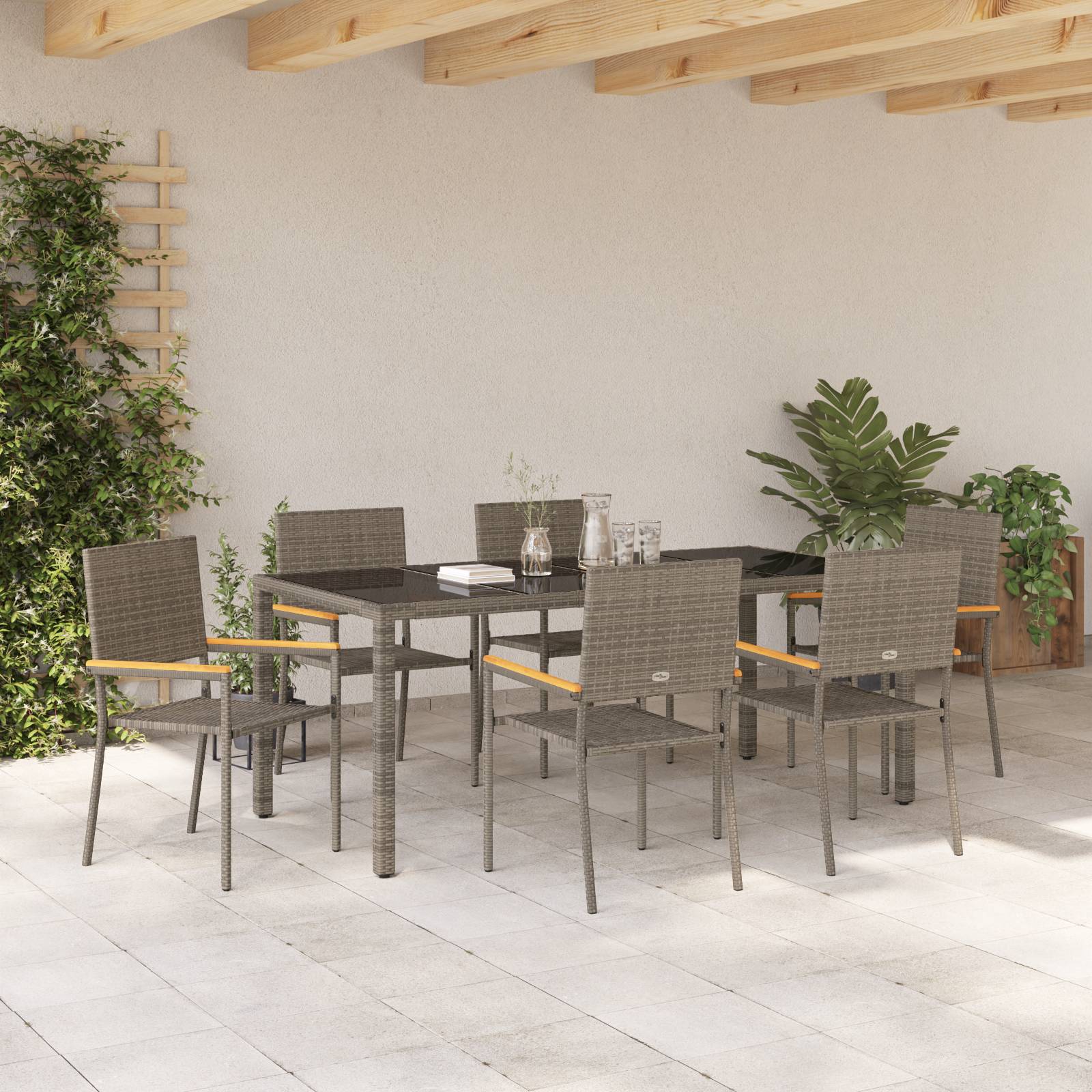 vidaXL 7-teilige Garten Essgruppe Grau Poly Rattan