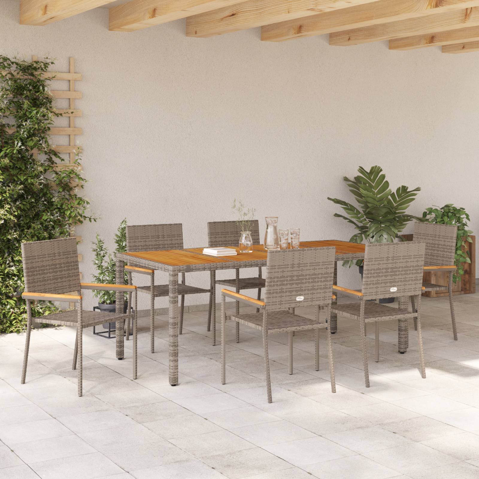 vidaXL 7-teiliges Garten Esszimmer Set Grau Poly Rattan