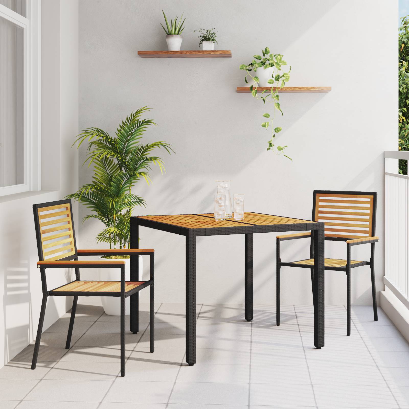 vidaXL 3-teiliges Garten Essset Schwarz Poly Rattan Akazie