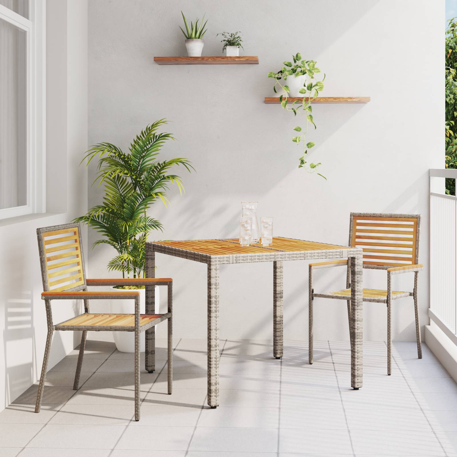 vidaXL 3-teiliges Garten Esstischset Grau Poly-Rattan Akazie