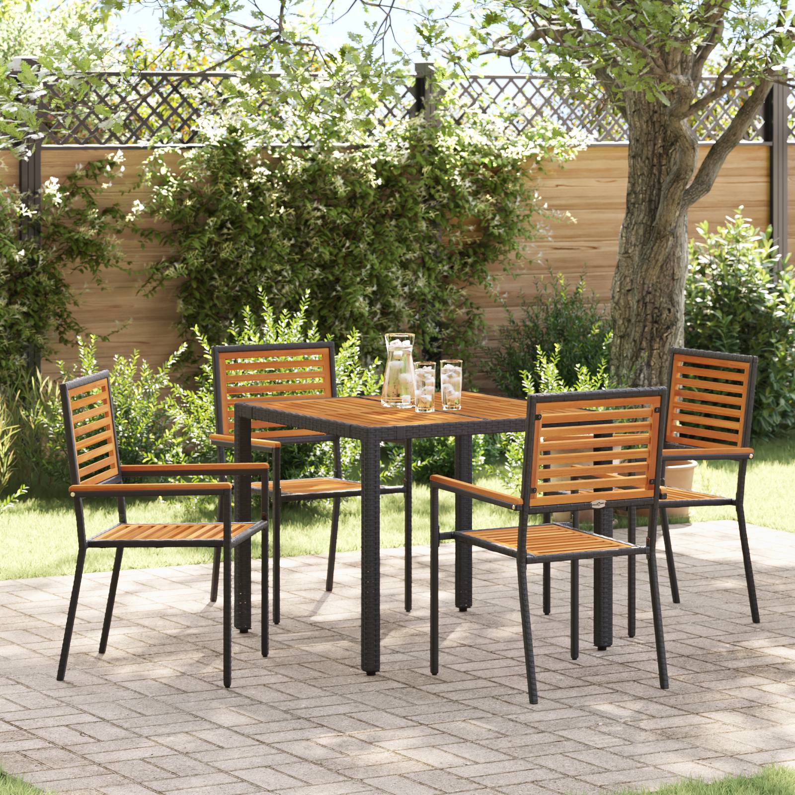 vidaXL 5-teiliges Garten-Essgruppen-Set Schwarz Poly Rattan Akazie