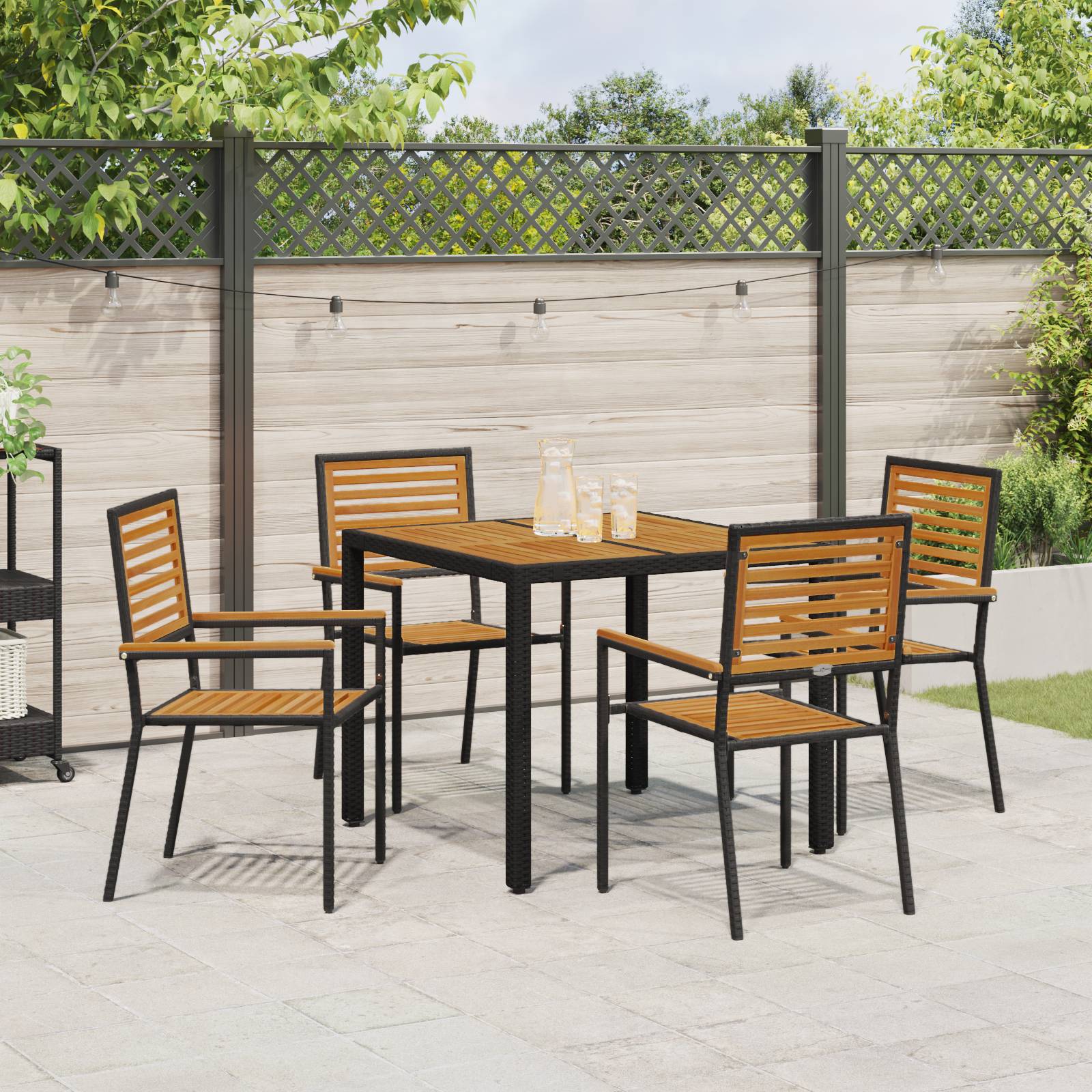 vidaXL 5-teiliges Garten-Essgruppen-Set Schwarz Poly Rattan Akazie