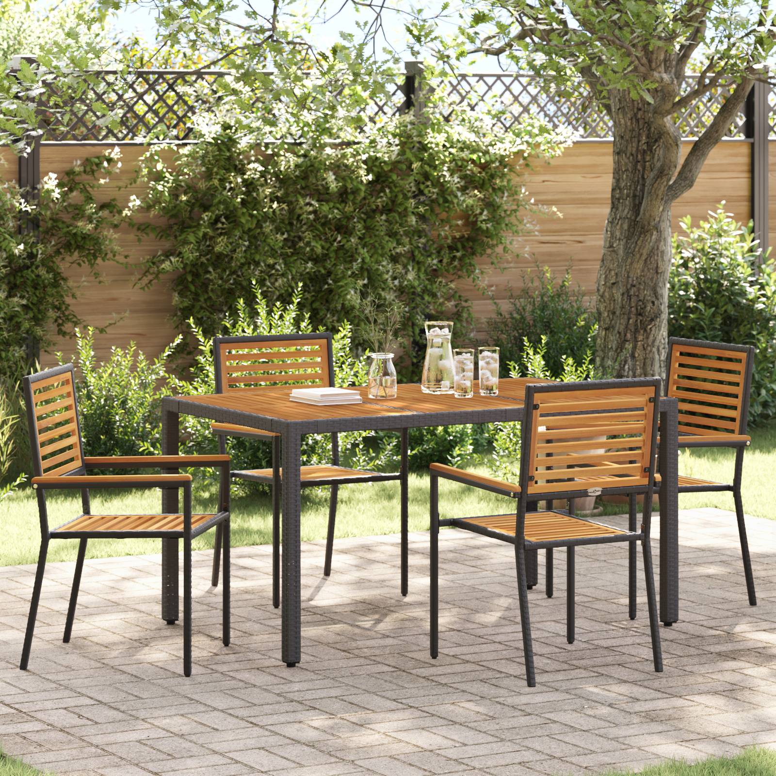 vidaXL 5-teiliges Garten Esstisch Set Schwarz Poly Rattan Akazie